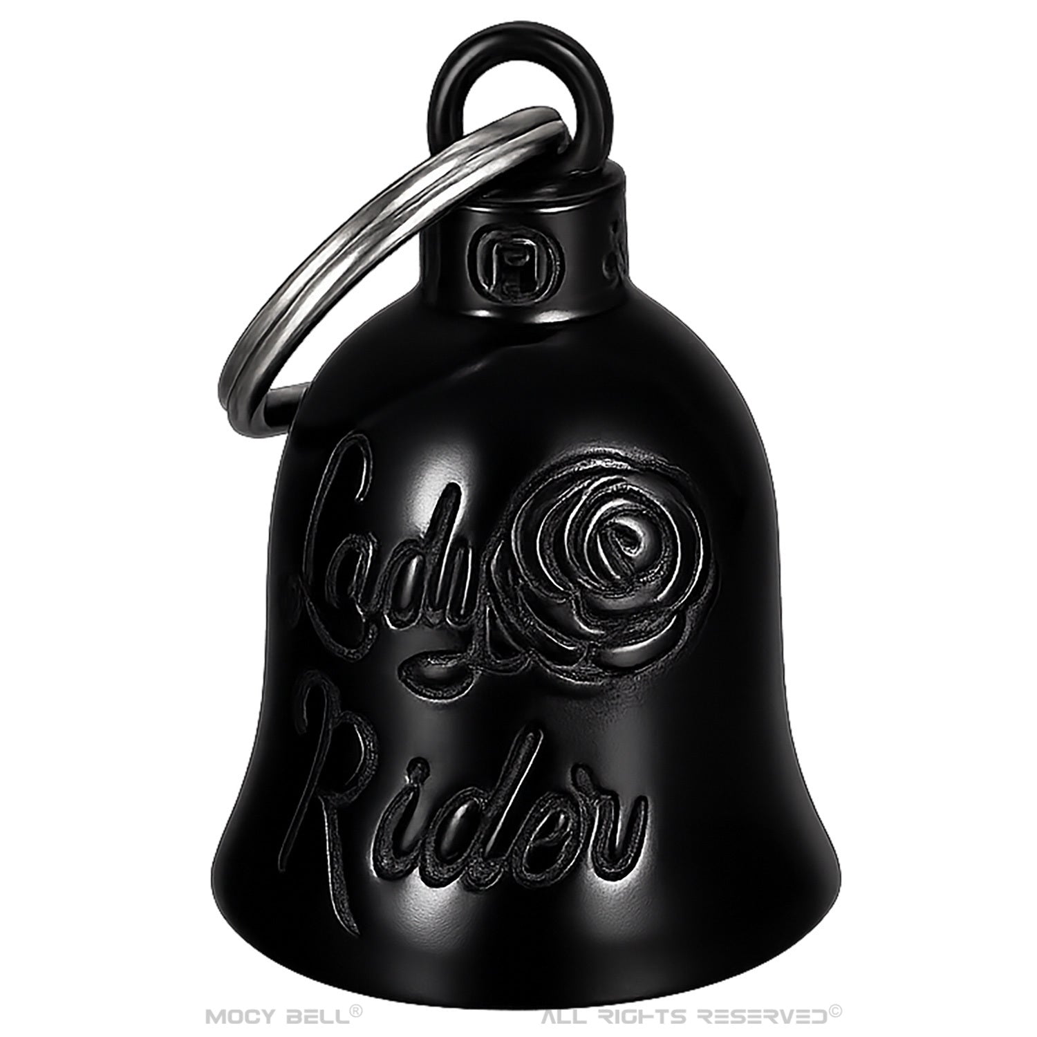 Clochette moto Lady Rider pour femme, finition noire titane avec gravure rose, porte-bonheur motarde élégant et symbole de protection.