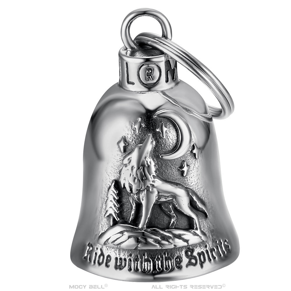 Gremlin Bell loup gravée, symbole de liberté et protection pour motards, acier 316L.