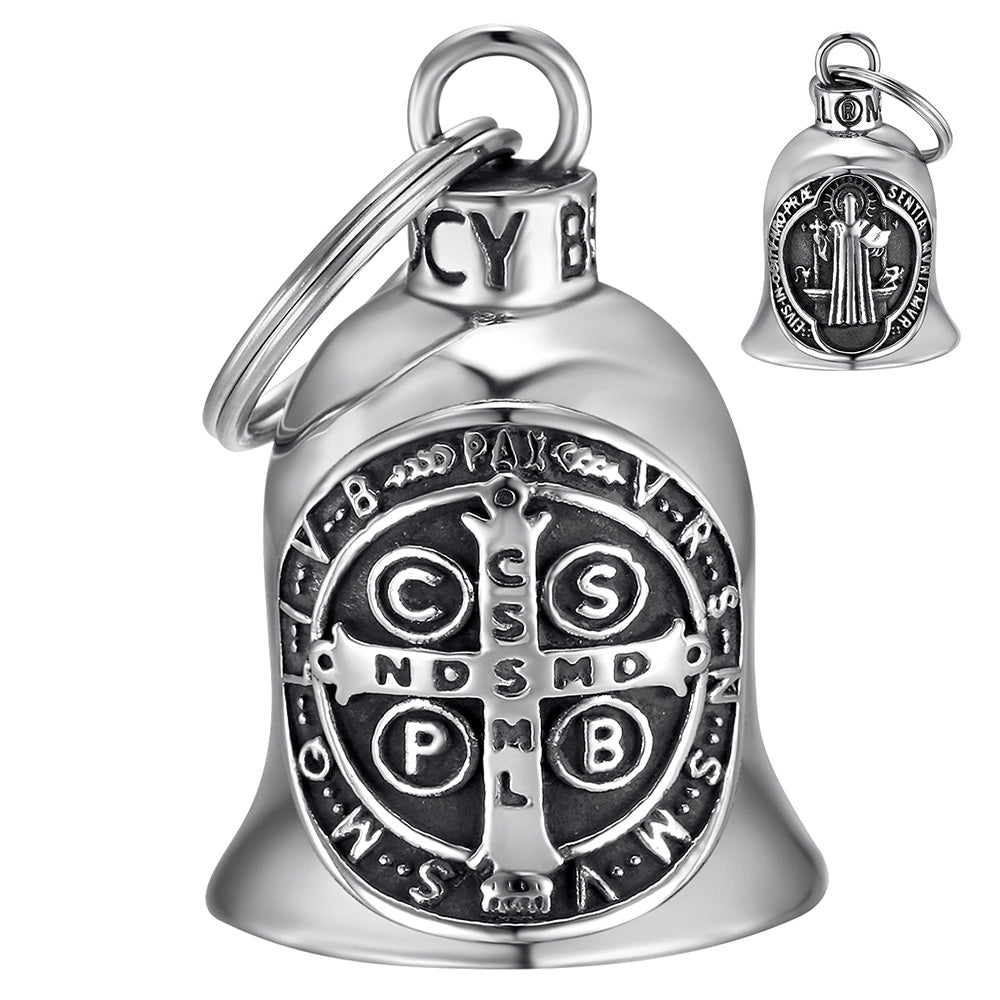 Motorrad-Glocke MocyBell Sankt Benedikt aus Edelstahl – Biker-Glücksbringer, spiritueller Schutz und Eleganz für Motorradfahrer