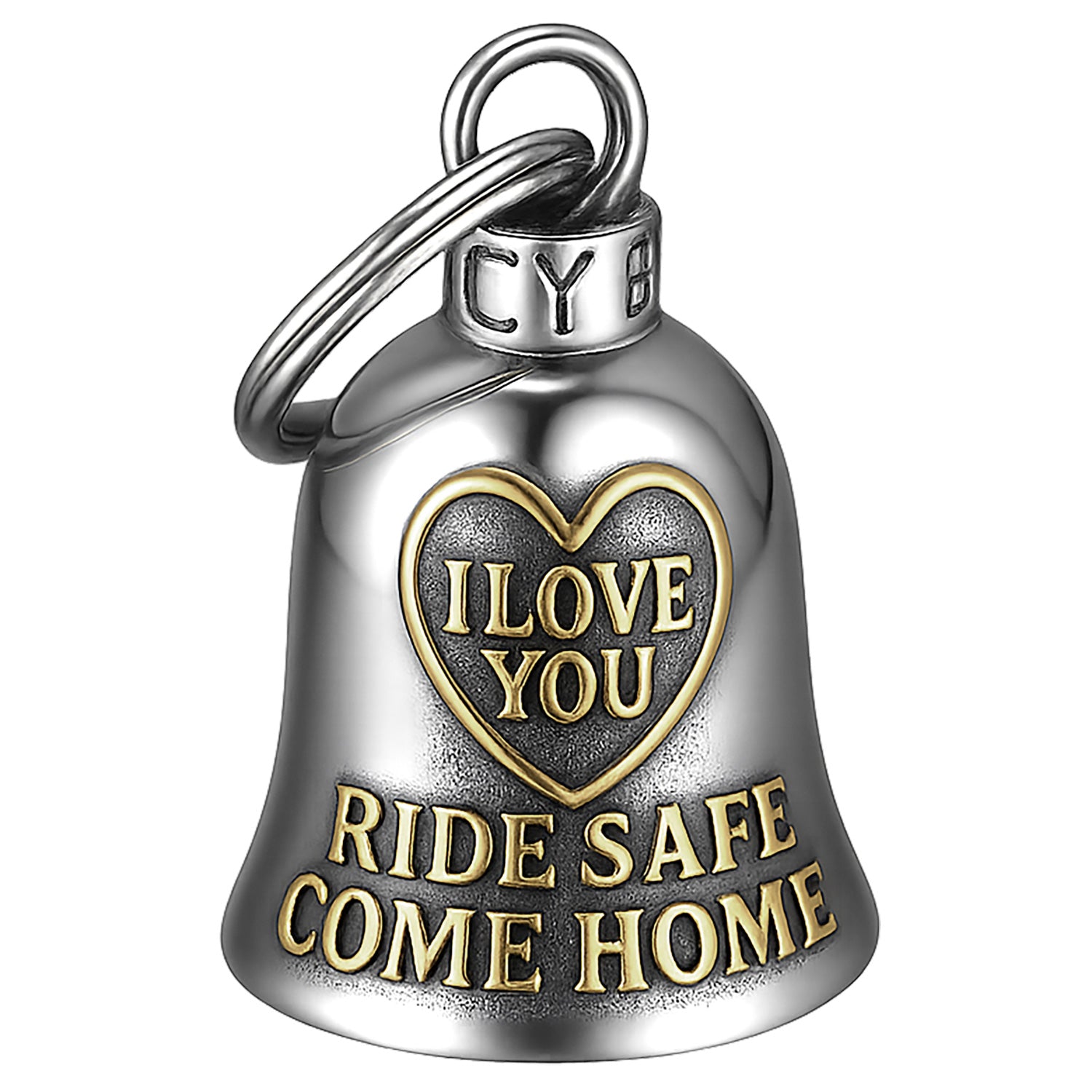 Golden stainless steel motorcycle bell keychain “I Love You Ride Safe Come Home” (good luck charm).