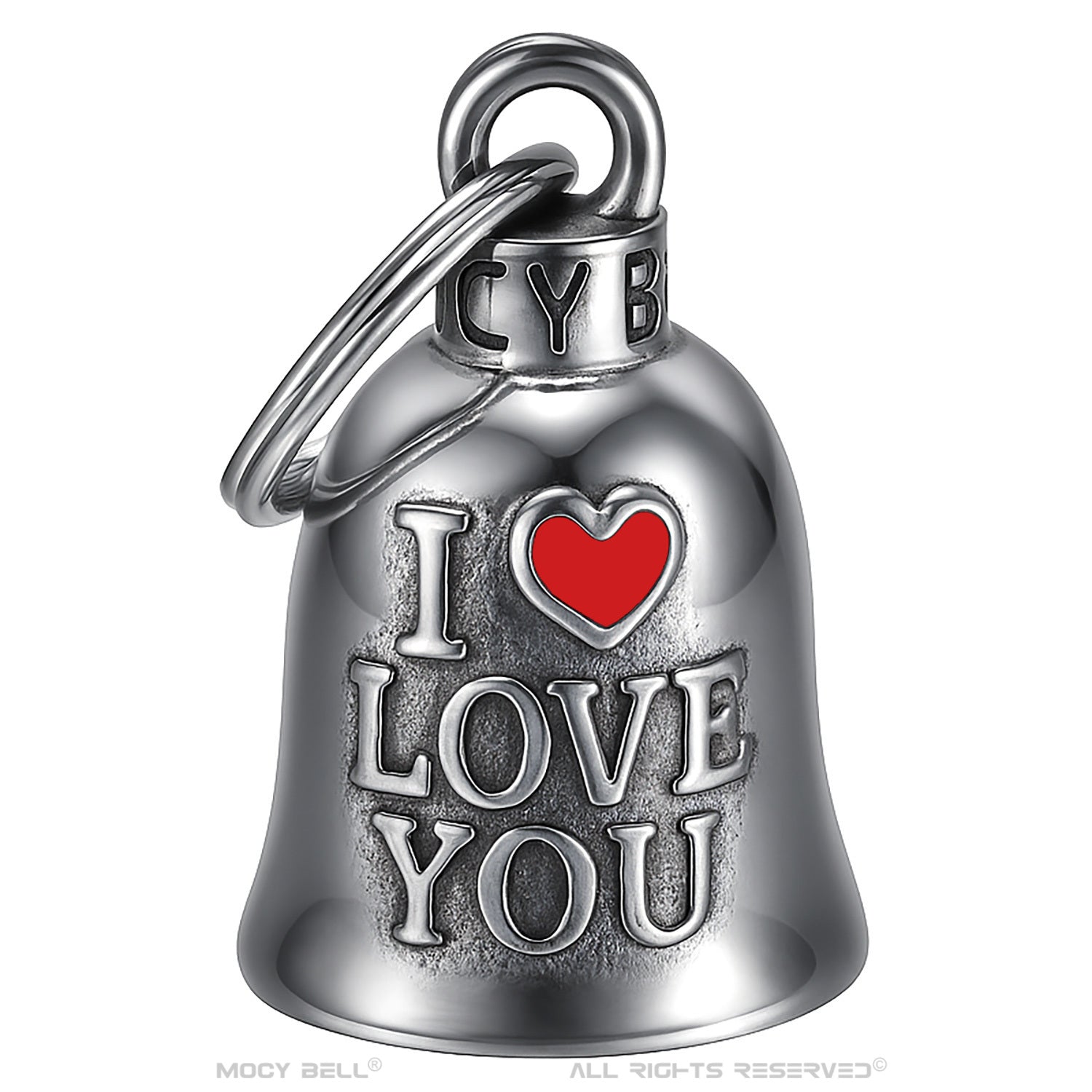 Silver I Love You lucky motorcycle charm with red heart in stainless steel