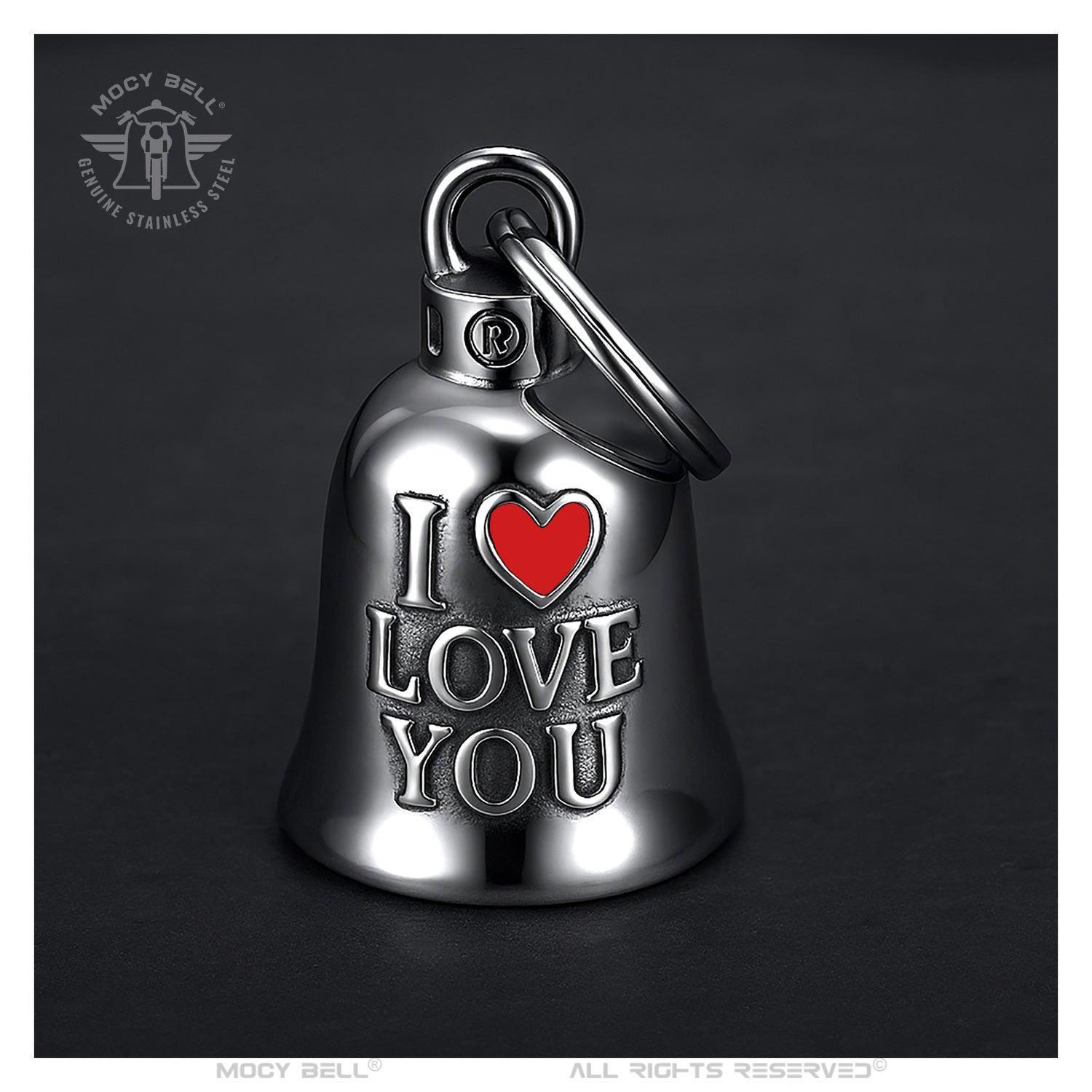 Campanellino portafortuna per moto I Love You argentato con cuore rosso in acciaio inossidabile
