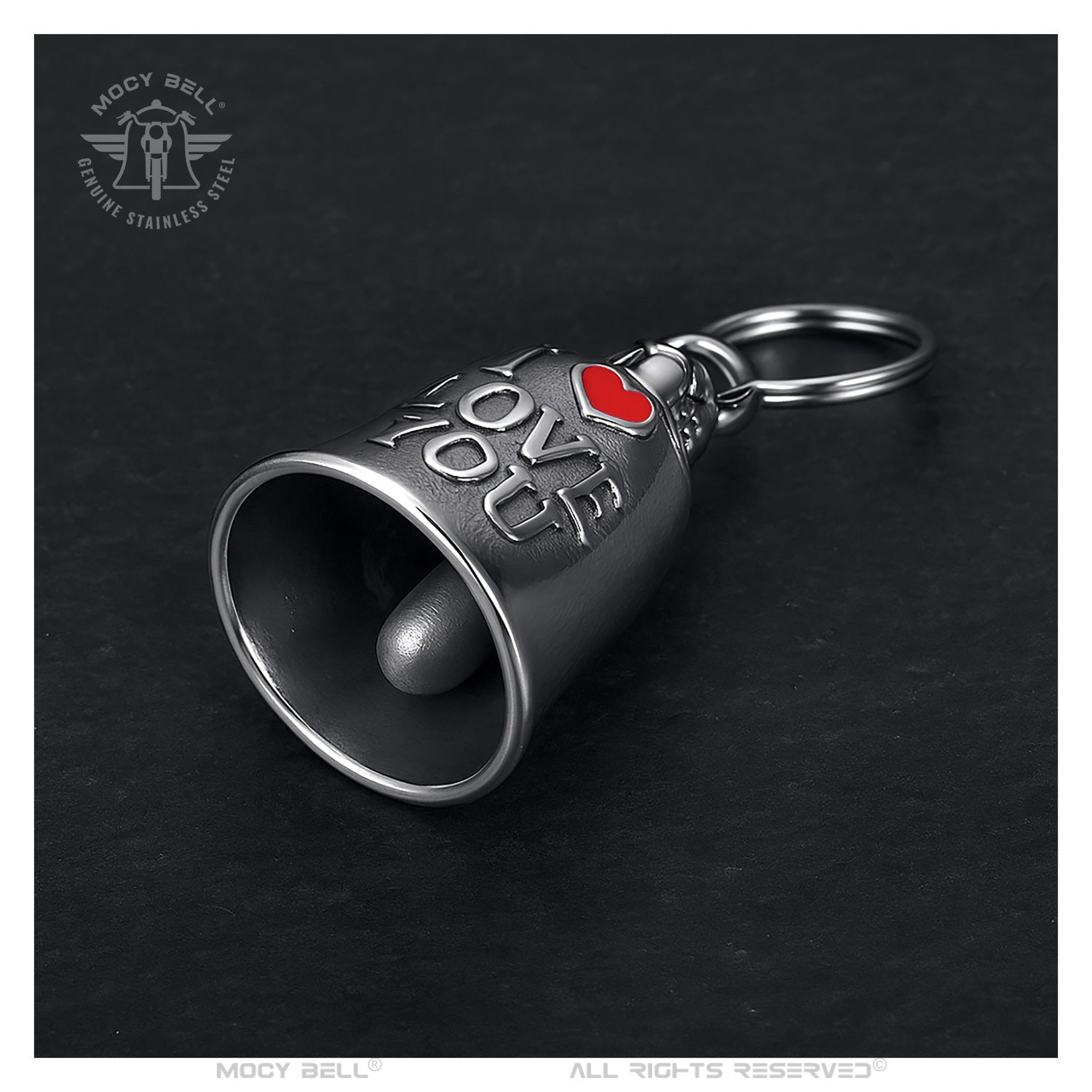 Campanellino portafortuna per moto I Love You argentato con cuore rosso in acciaio inossidabile