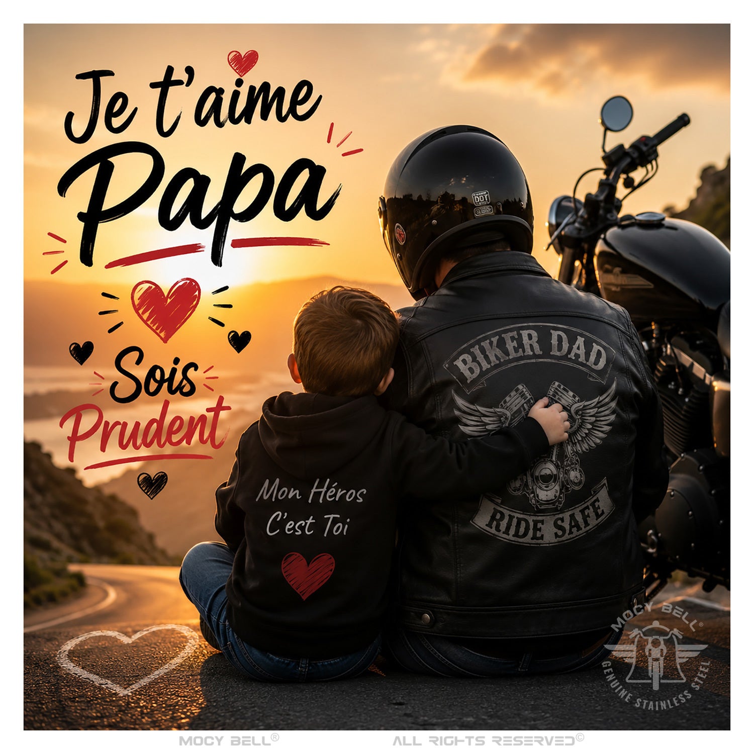 Clochette Moto Papa Motard Noir Titane - Je t'aime Papa