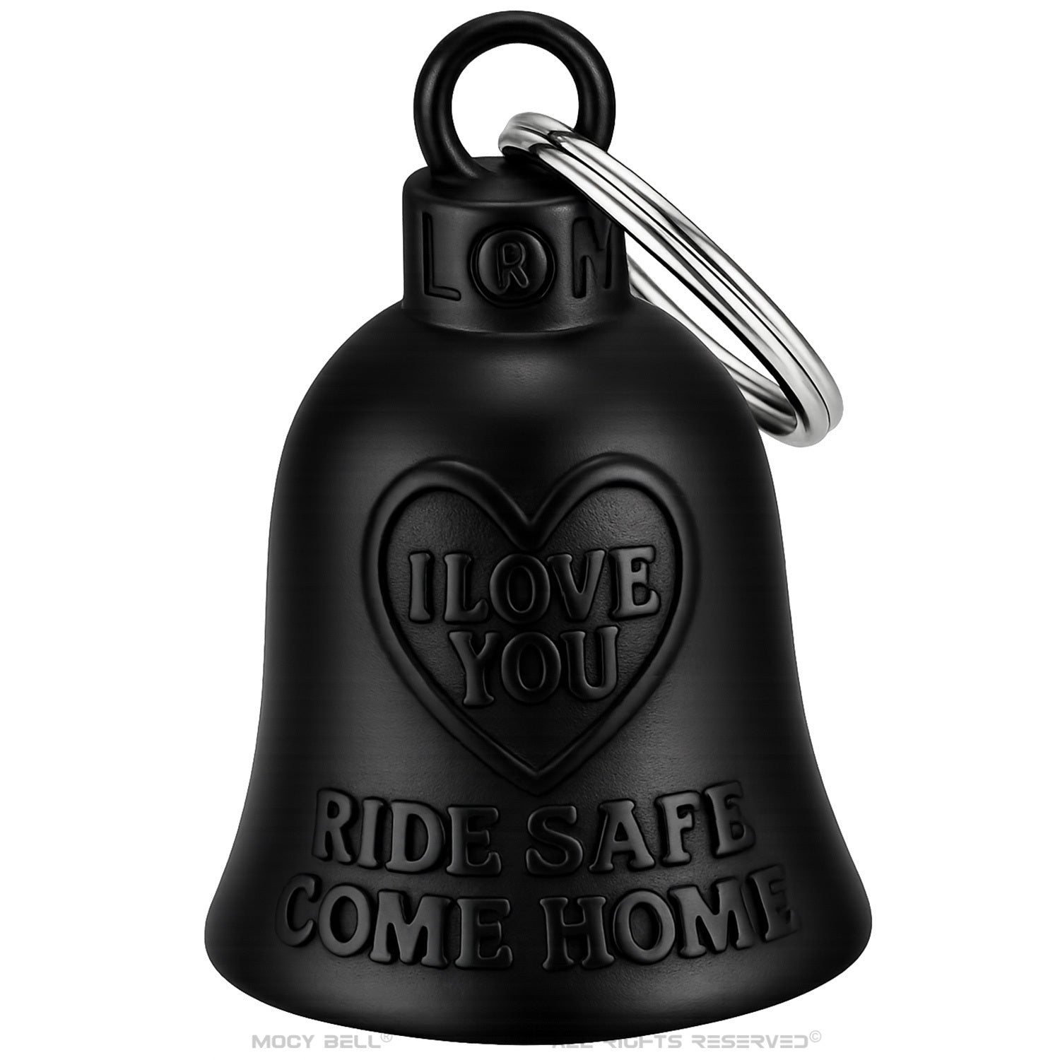 Clochette biker noire mate gravée I Love You de face, message Ride Safe Come Home visible sur fond blanc
