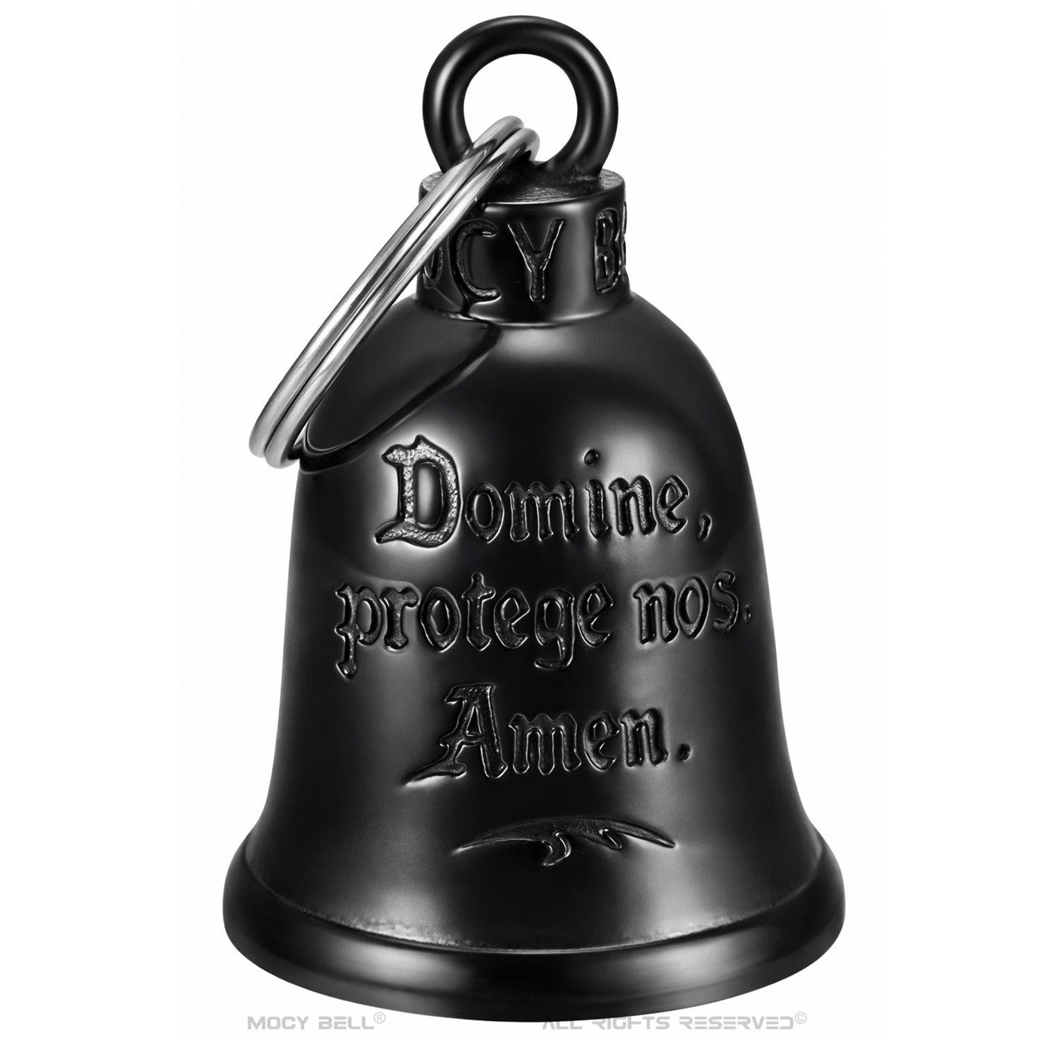 Clochette biker noir titane gravée mains en prière avec chapelet et croix photographiée de face sur fond blanc