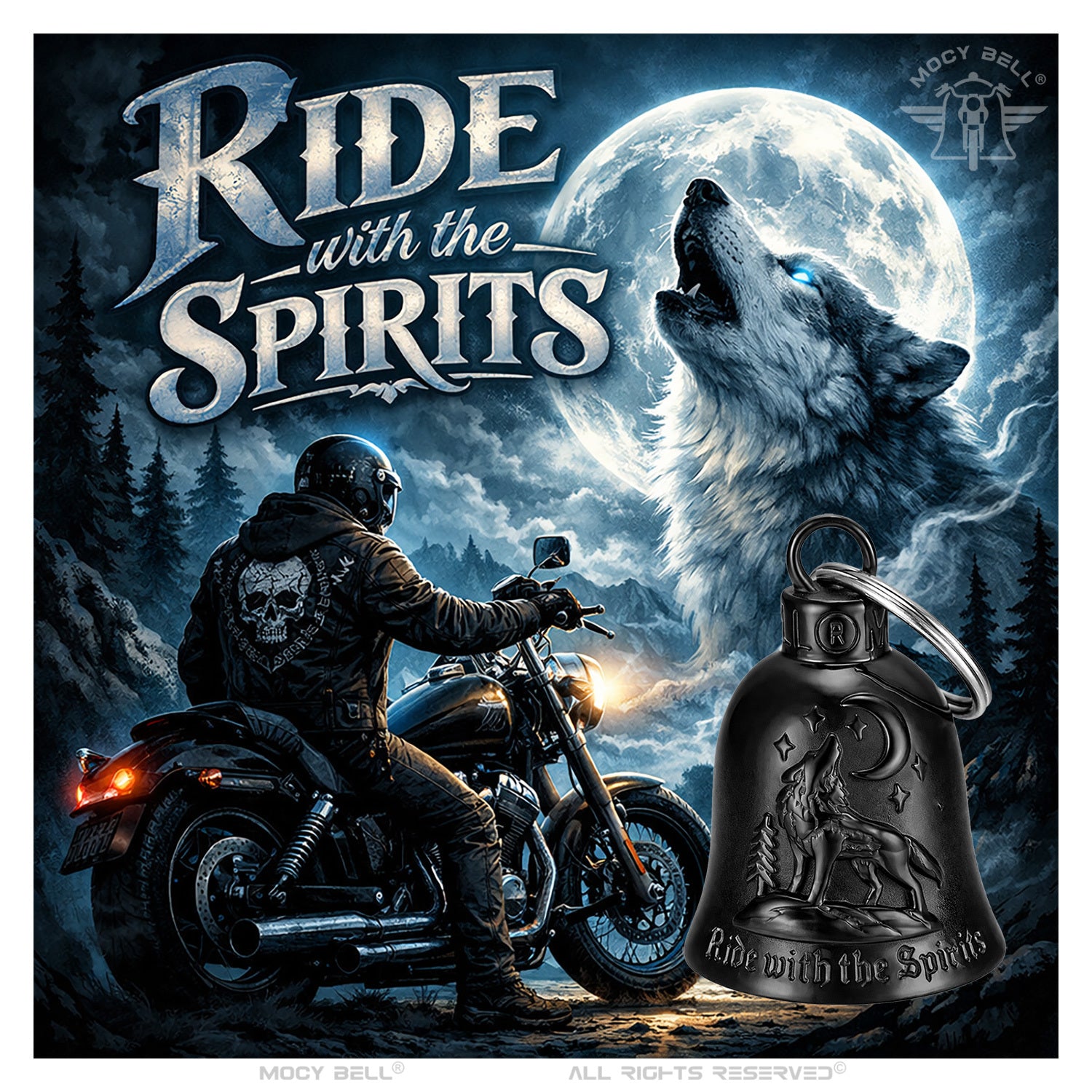 Clochette moto Loup Ride with the Spirit dans une ambiance biker avec loup et moto sous la lune