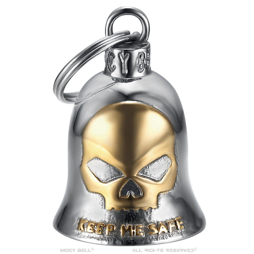 Mocy Bell Guardian Bell Skull, clochette moto en acier inoxydable, symbole de protection et talisman pour motards.