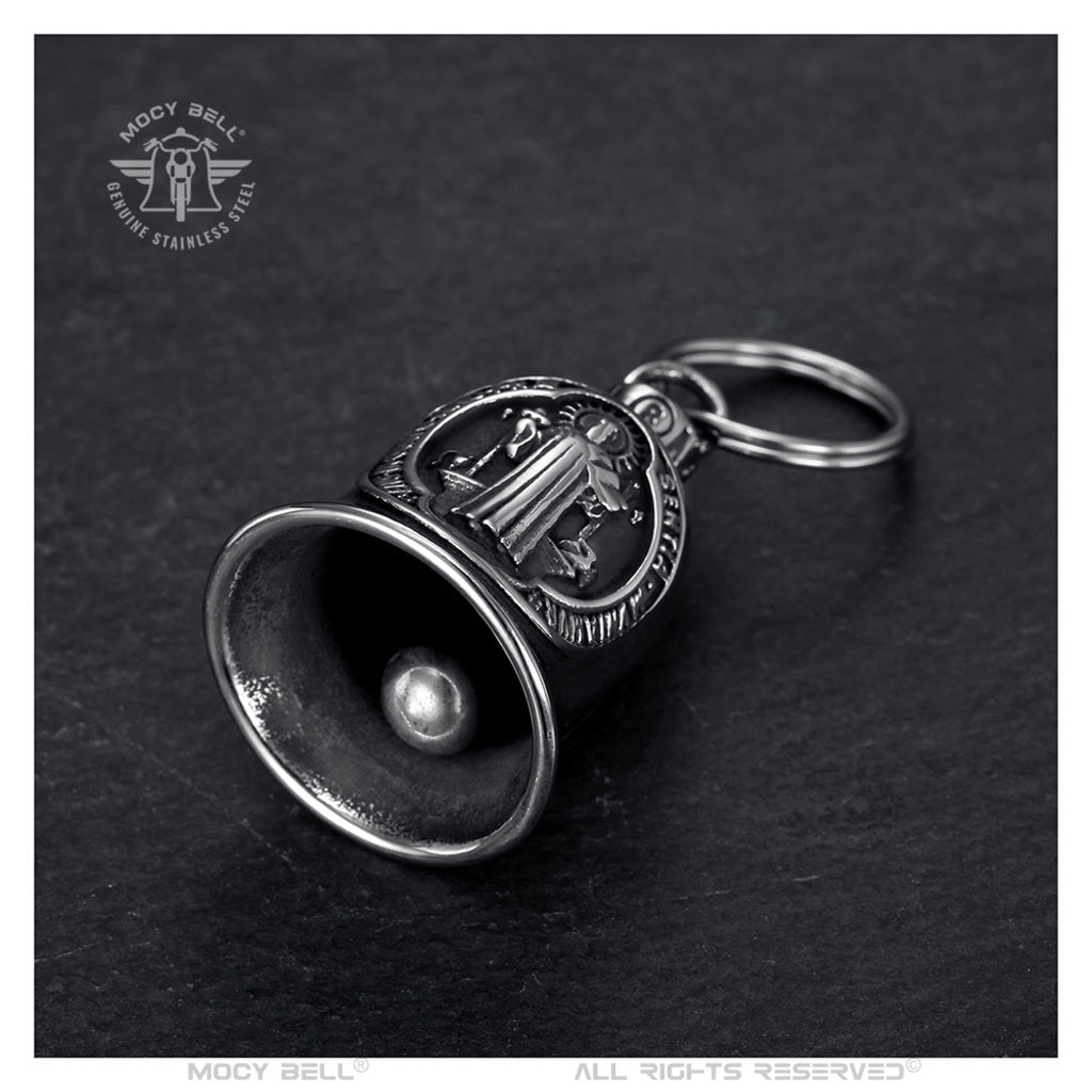 Accessoire moto MocyBell Saint Benoît, gravé et conçu en acier inoxydable, porte-bonheur spirituel pour protéger chaque motard.