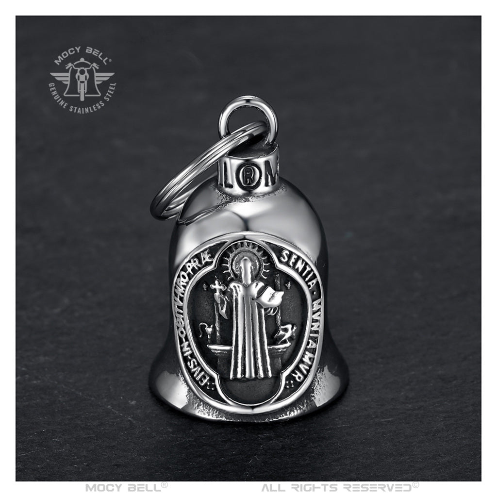 Clochette moto MocyBell Saint Benoît, talisman biker en acier inoxydable, offrant protection, tradition et style à tous les motards