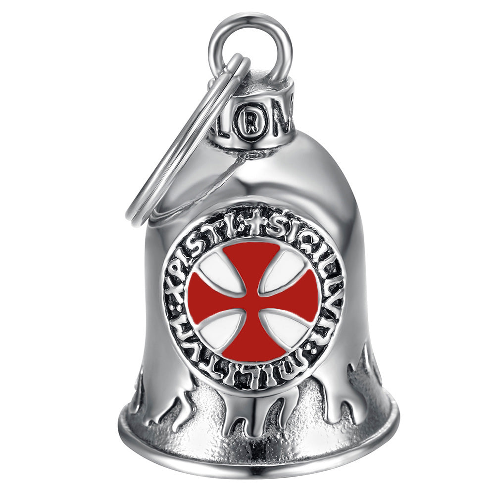 Clochette moto Mocy Bell Templier en acier inoxydable avec croix pattée rouge, porte-bonheur pour motards, protection et chance sur la route.