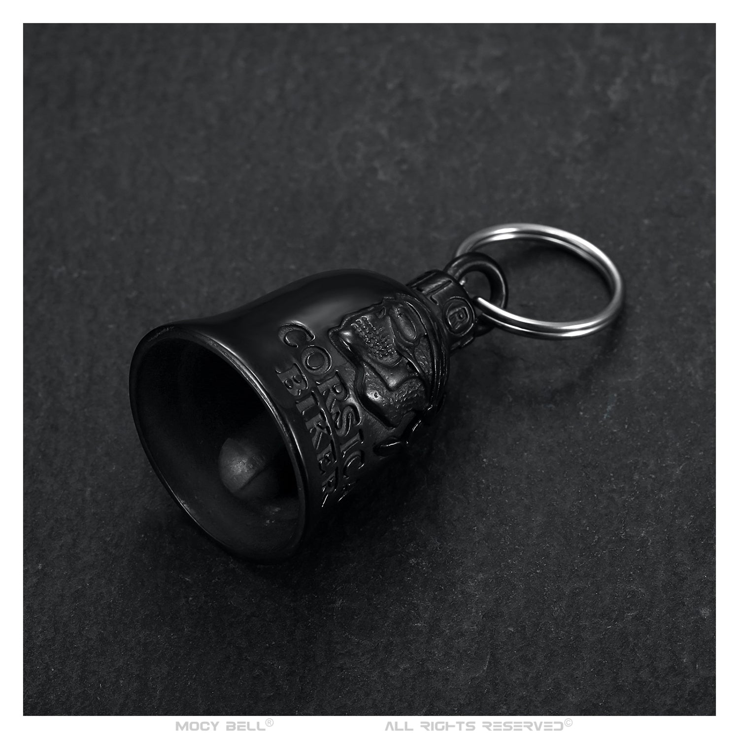 Clochette moto Corsica Biker noir titane couchée mettant en avant les détails du design