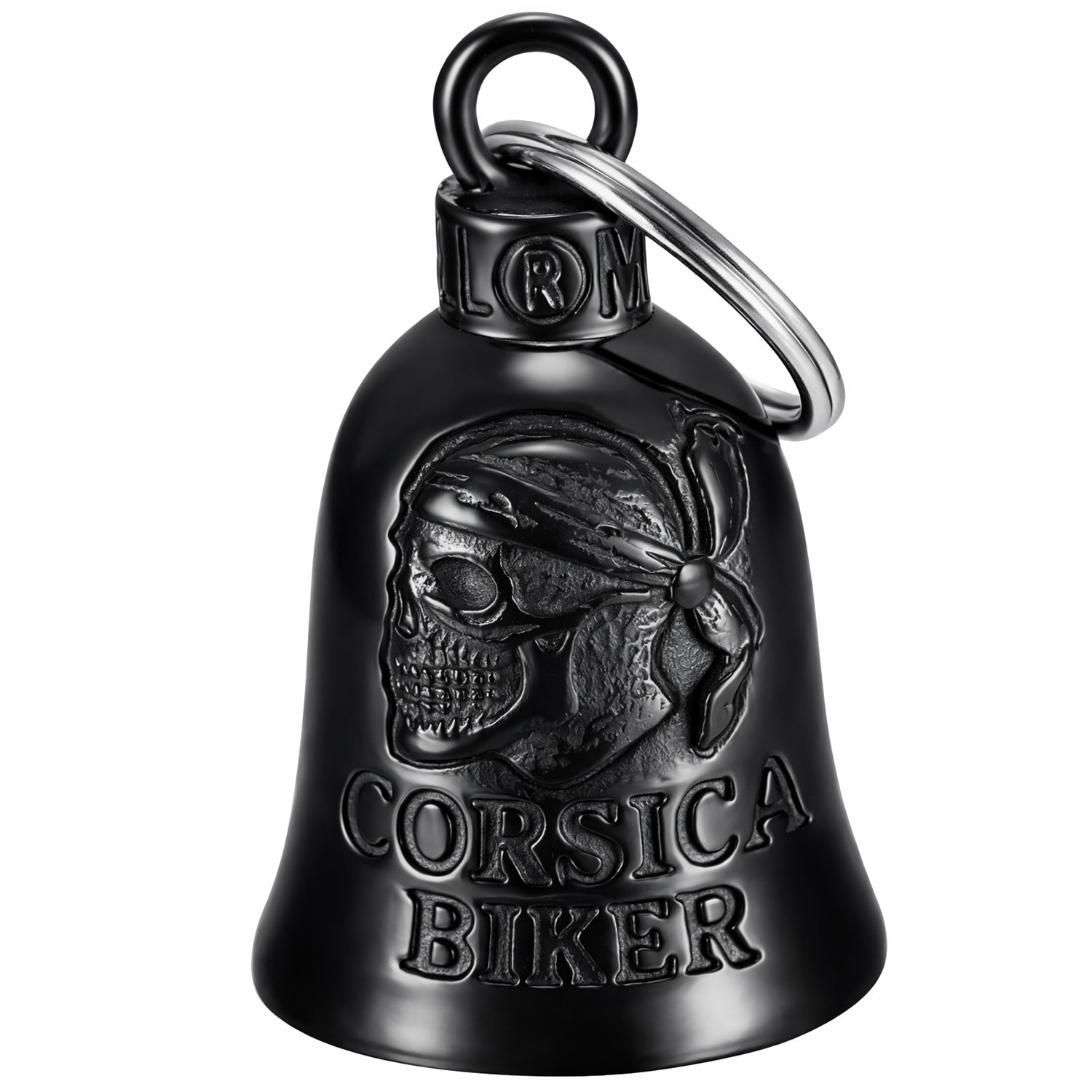 Clochette moto Corsica Biker noir titane avec tête de mort et inscription Corsica Biker vue de face