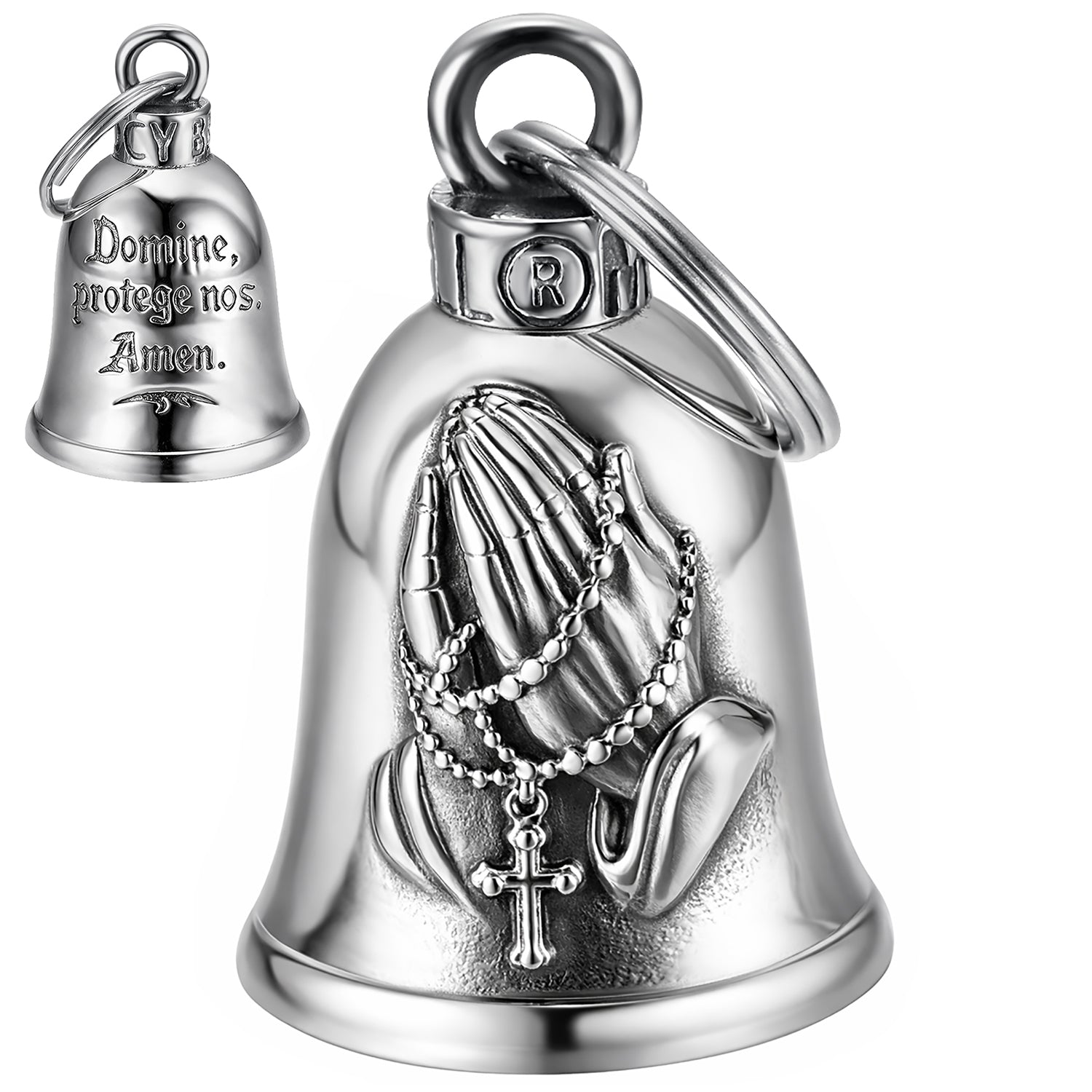Clochette moto mains en prière en acier avec chapelet et croix vue de face