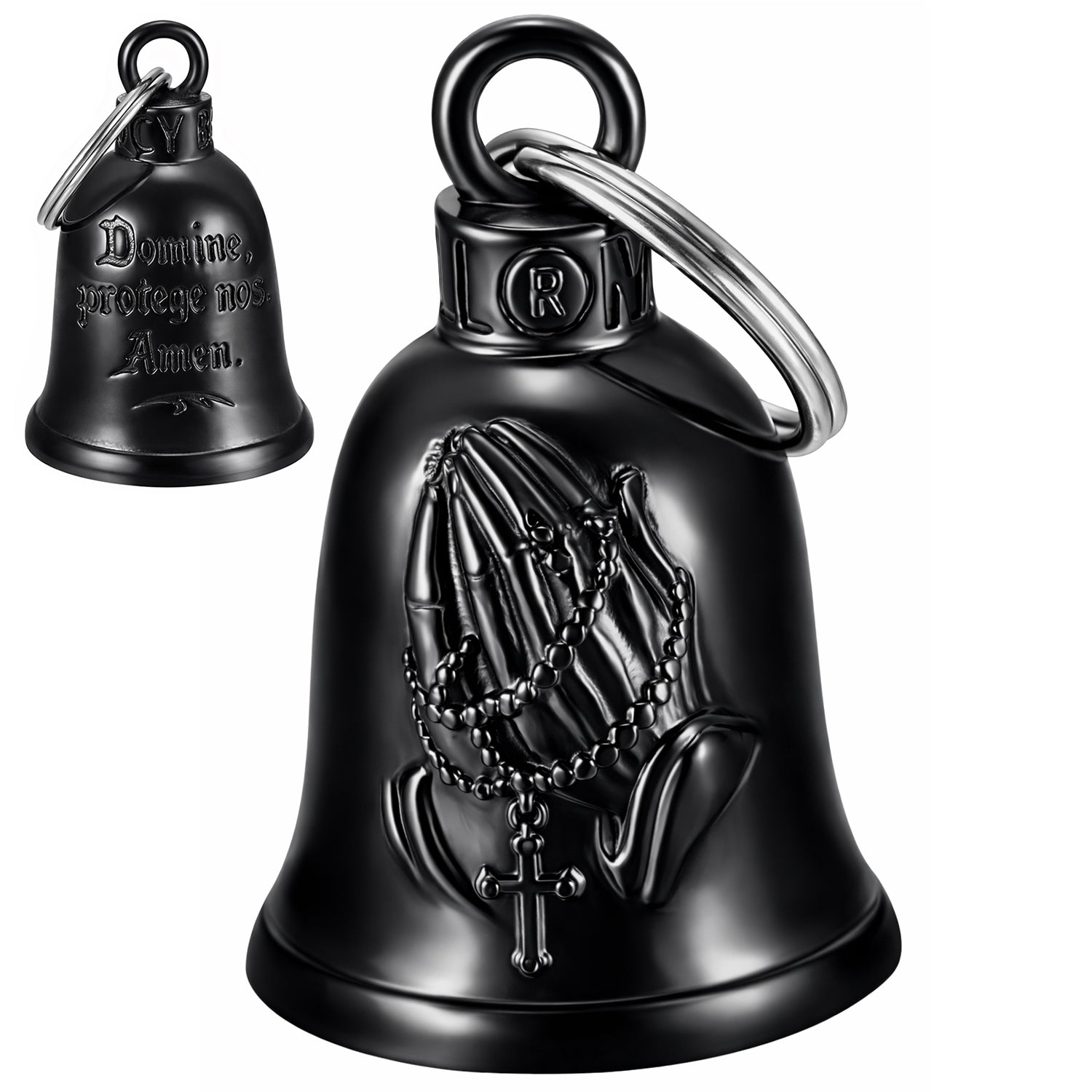 Clochette moto mains en prière noir titane avec chapelet et croix vue de face