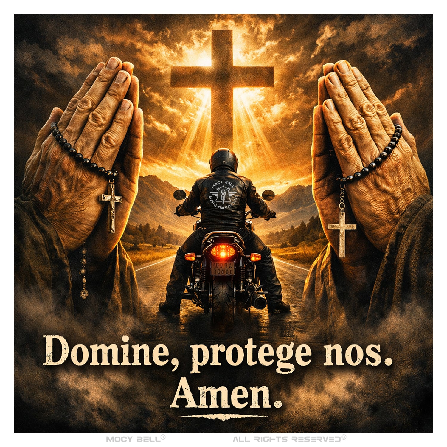 Visuel mains en prière avec croix illustrant la protection et la symbolique spirituelle motard