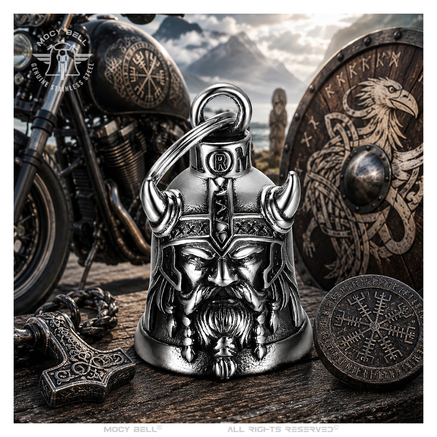 Clochette Moto Viking MocyBell installée dans un univers biker vintage