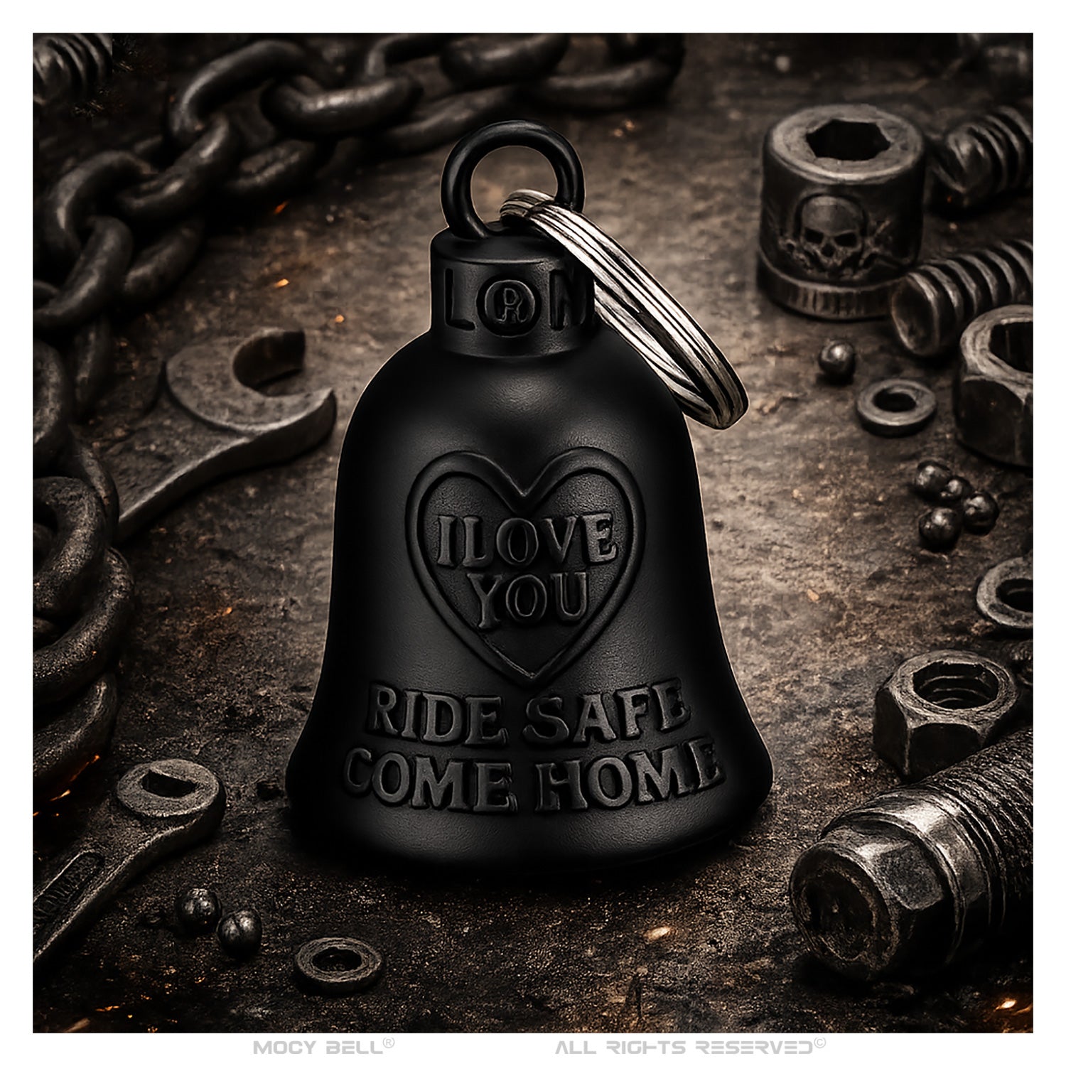 Grelot moto noir mat avec gravure I Love You présenté de face, inscription Ride Safe Come Home sur fond blanc