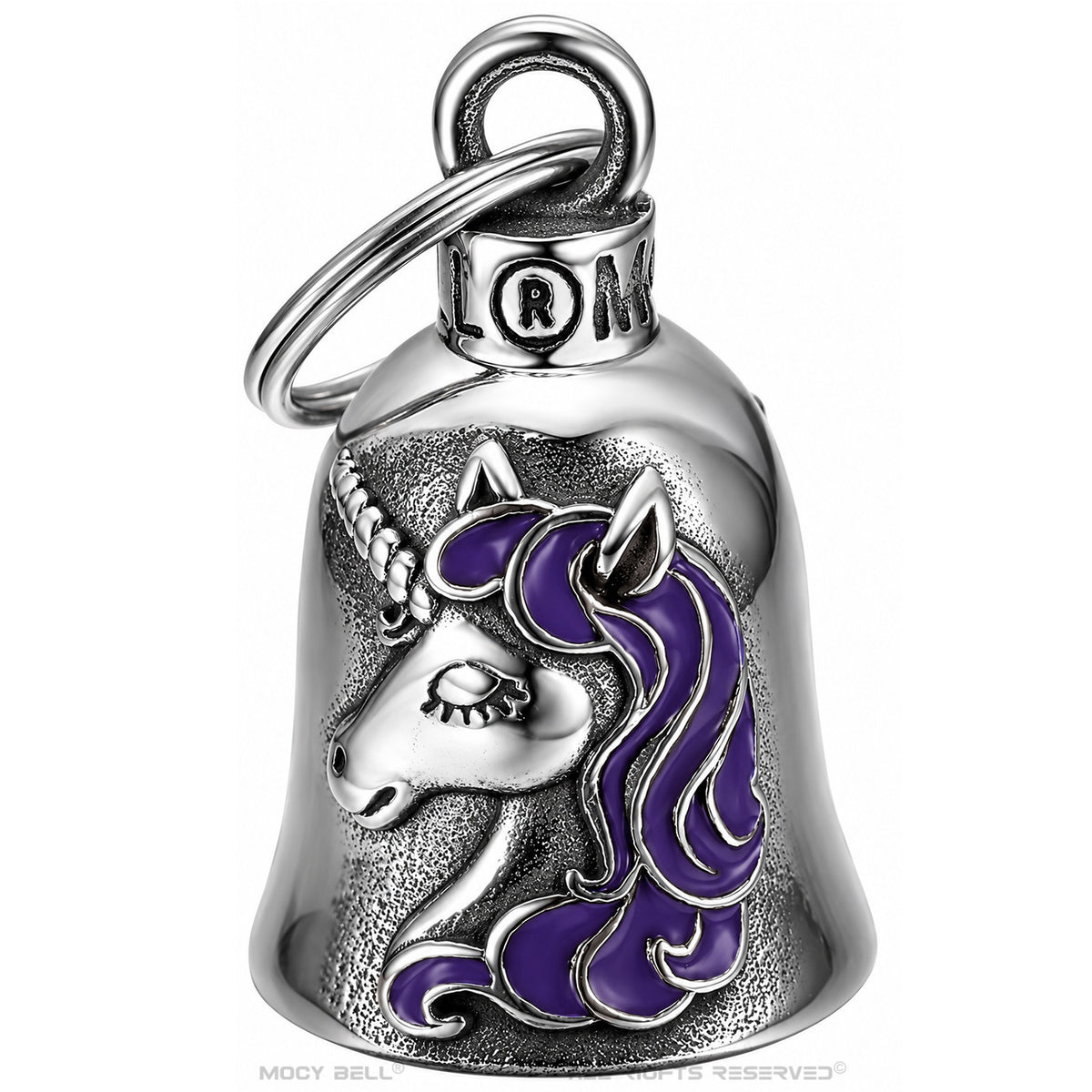 Vue complète de la Gremlin Bell licorne argentée avec corne torsadée, longue crinière violette et anneau de suspension.
