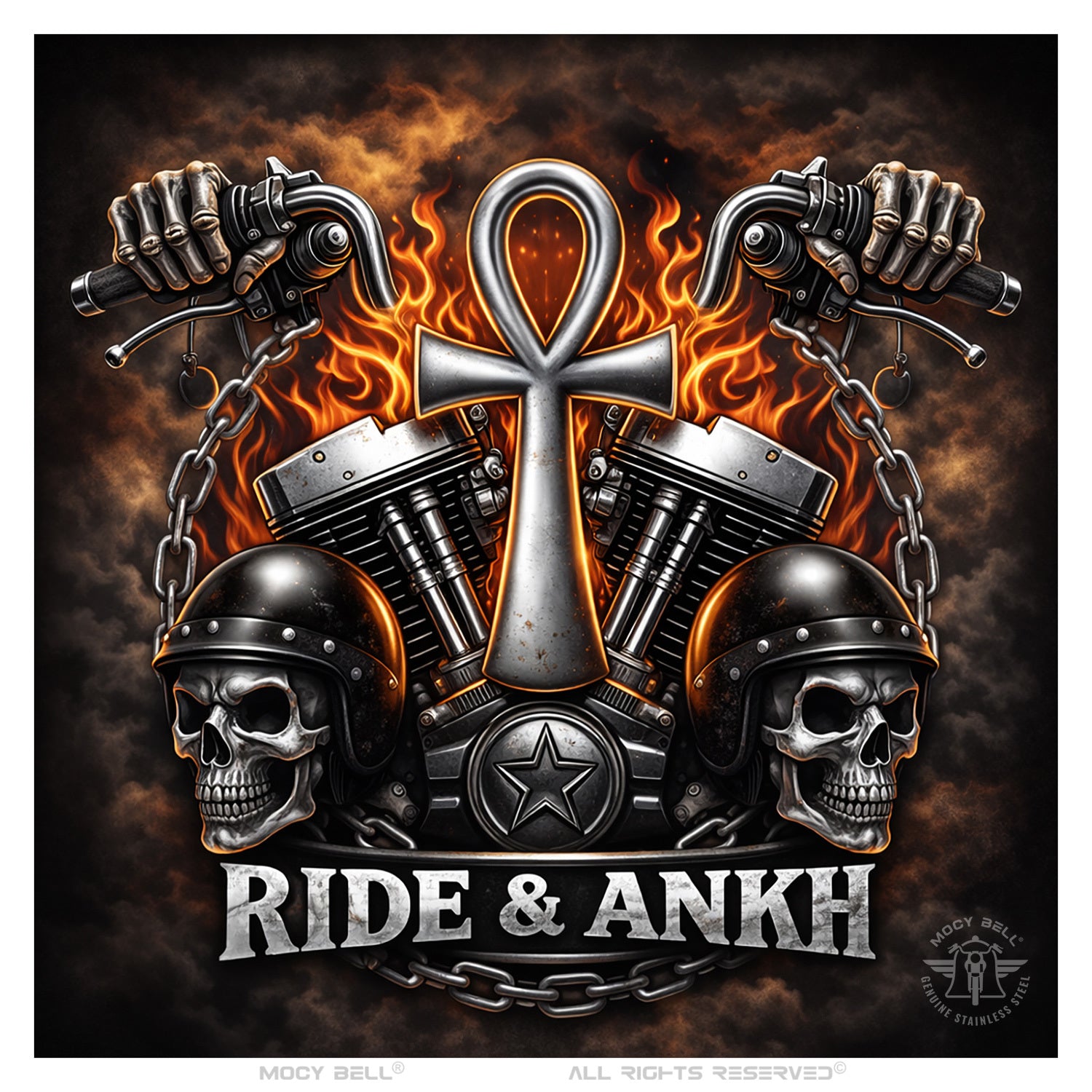 Clochette moto Ride and Ankh MocyBell dans une ambiance biker avec flamme en arrière-plan