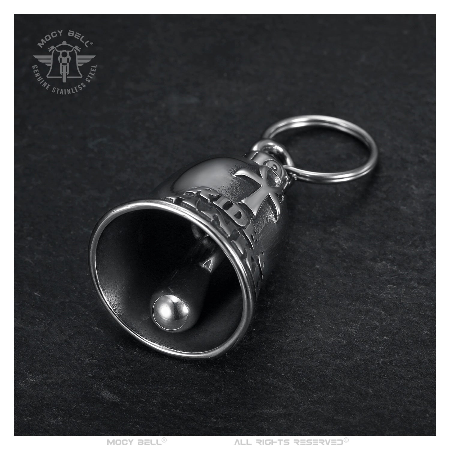 Intérieur de la clochette moto Guardian Bell Ride and Ankh montrant le battant en acier 316L