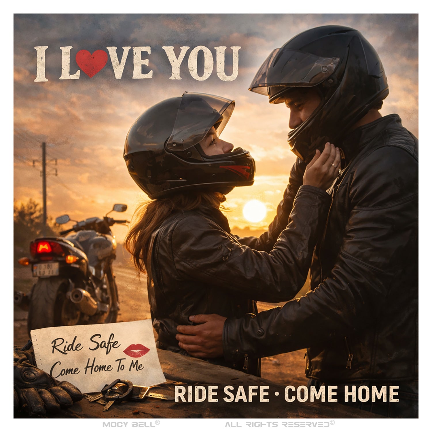 Sonnette moto noire mate I Love You photographiée de face, texte Ride Safe Come Home gravé sur fond blanc