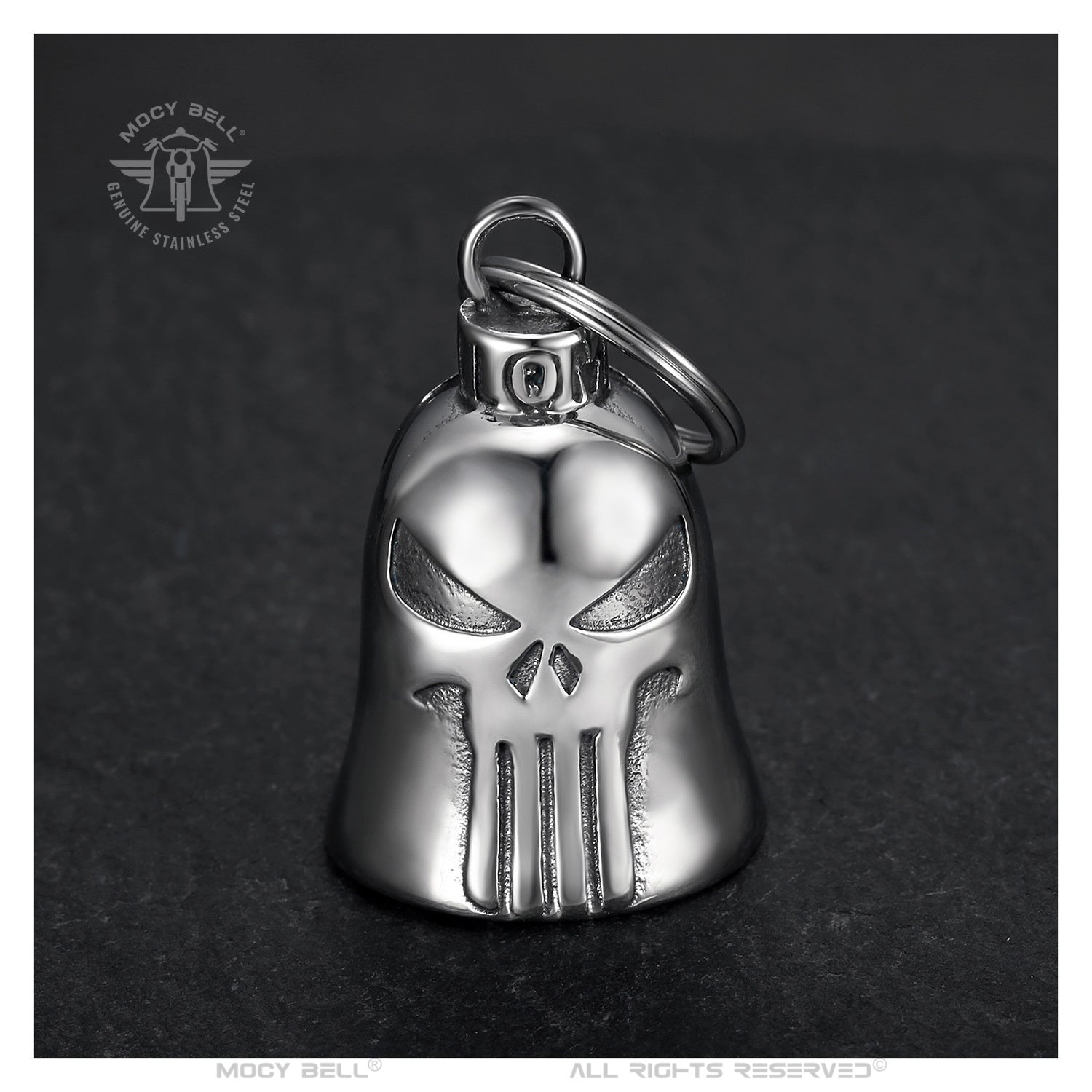 Clochette moto Punisher, symbole de force et de protection pour motards passionnés.
