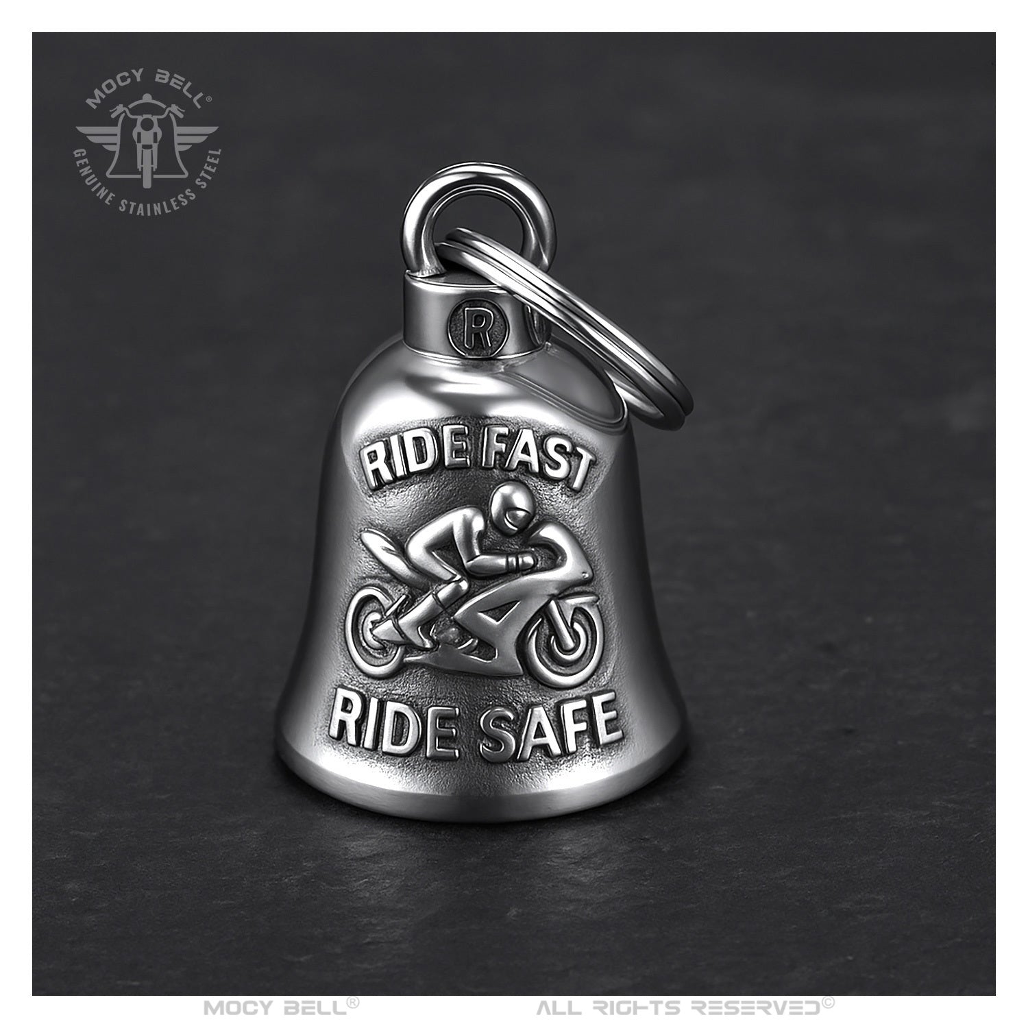 Clochette moto MocyBell argent Ride Fast Ride Safe. Symbole de passion, esprit racing, protections et esprit de route pour riders.