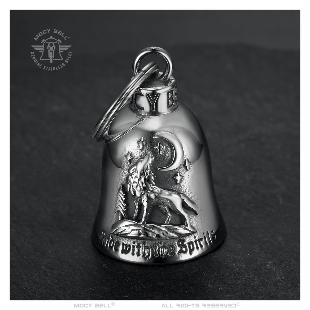 Clochette moto porte-bonheur loup robuste, fixation guidon cadre ou repose-pieds.