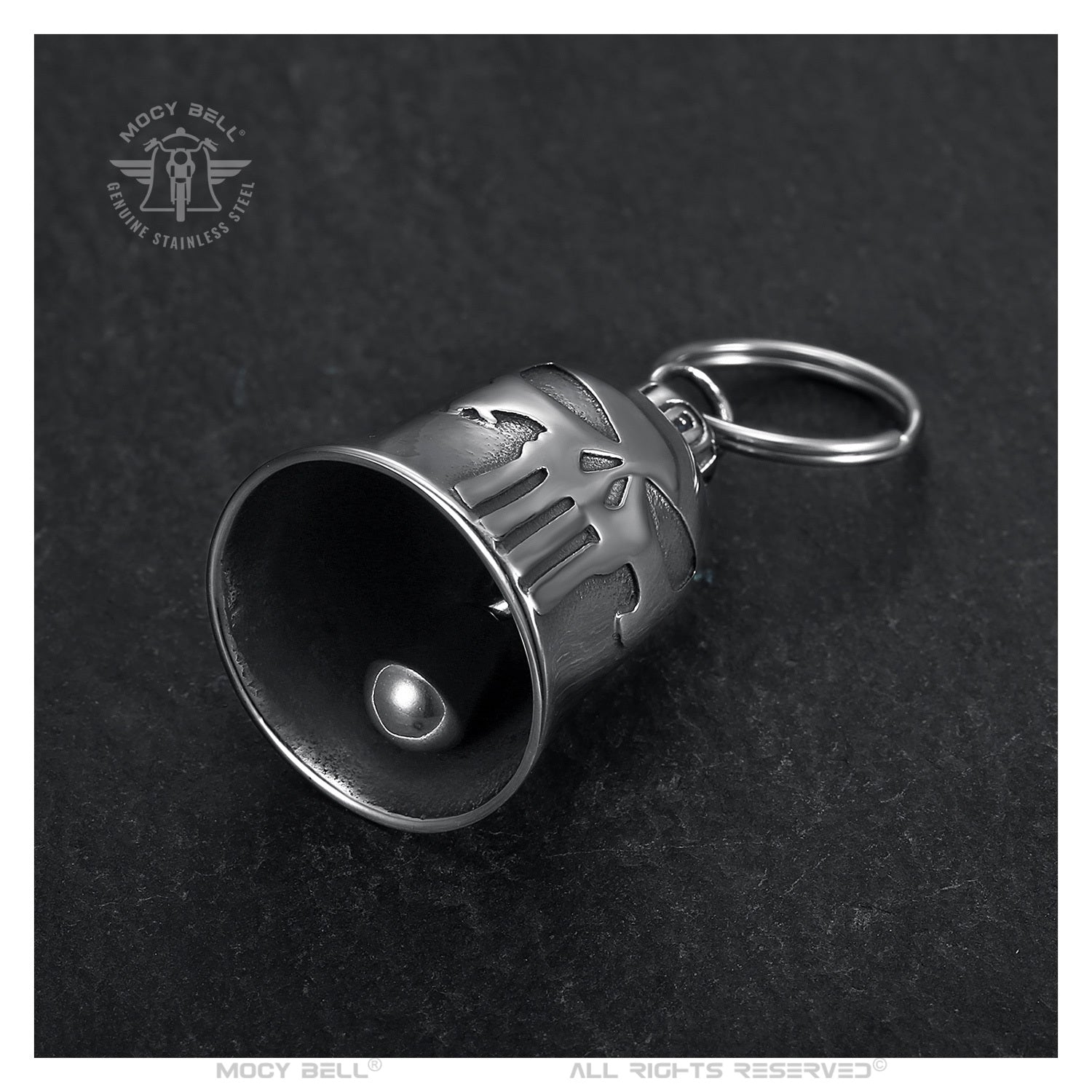 Accessoire moto Punisher Mocy Bell, porte-bonheur biker résistant pluie et intempéries.