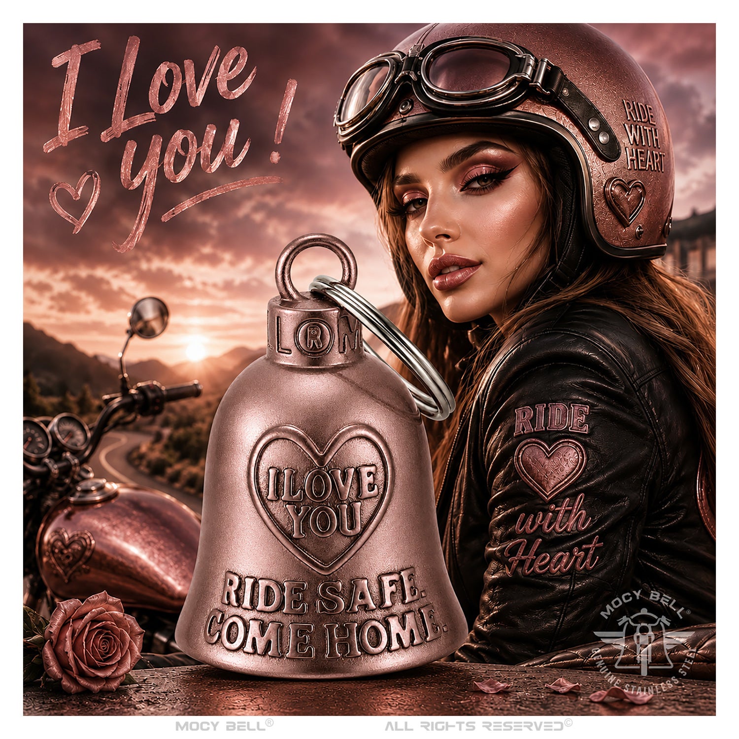 Clochette moto I Love You rose cuivré en acier inoxydable 316L