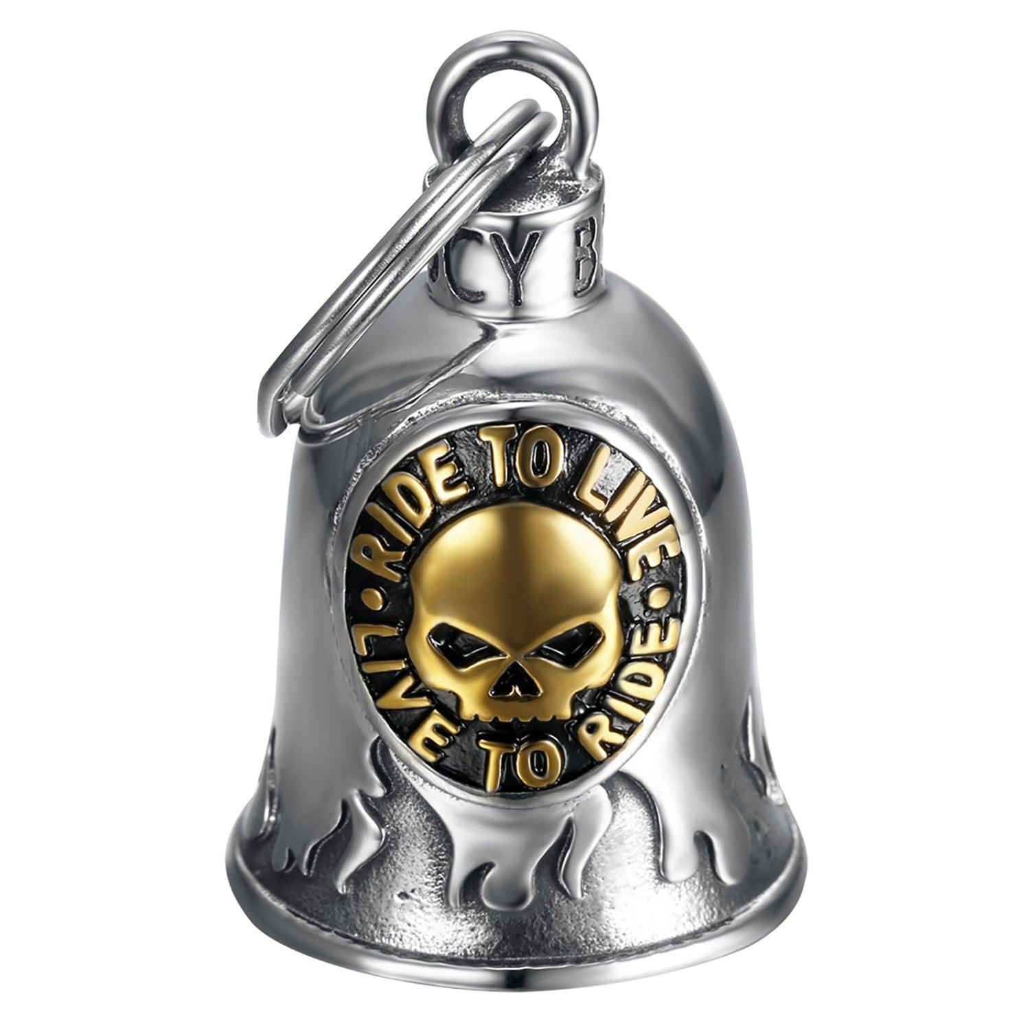 Clochette Moto Mocy Bell Skull Ride to Live en Acier Inoxydable Argent et Or - Mocy Bell