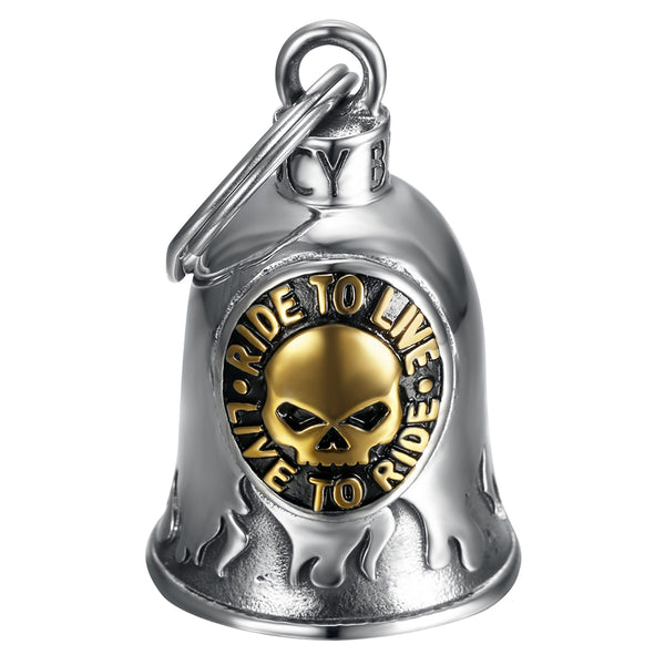 Clochette Moto Mocy Bell Skull Ride to Live en Acier Inoxydable Argent et Or