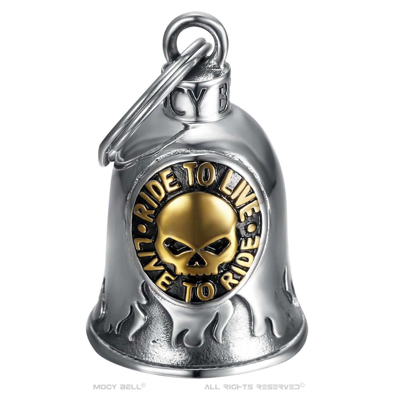 Clochette Moto Mocy Bell Skull Ride to Live en Acier Inoxydable Argent et Or - Mocy Bell