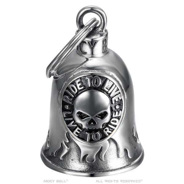 Clochette Moto Mocy Bell Skull Ride to Live en Acier Inoxydable Argent