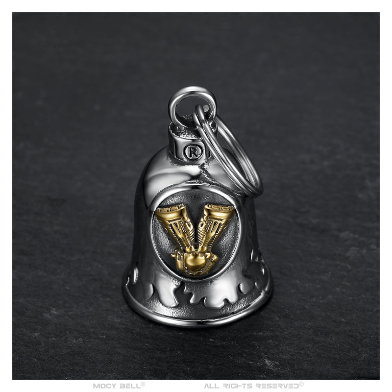 Mocy Bell V Twin Engine Motorcycle Bell in Stainless Steel and Gold