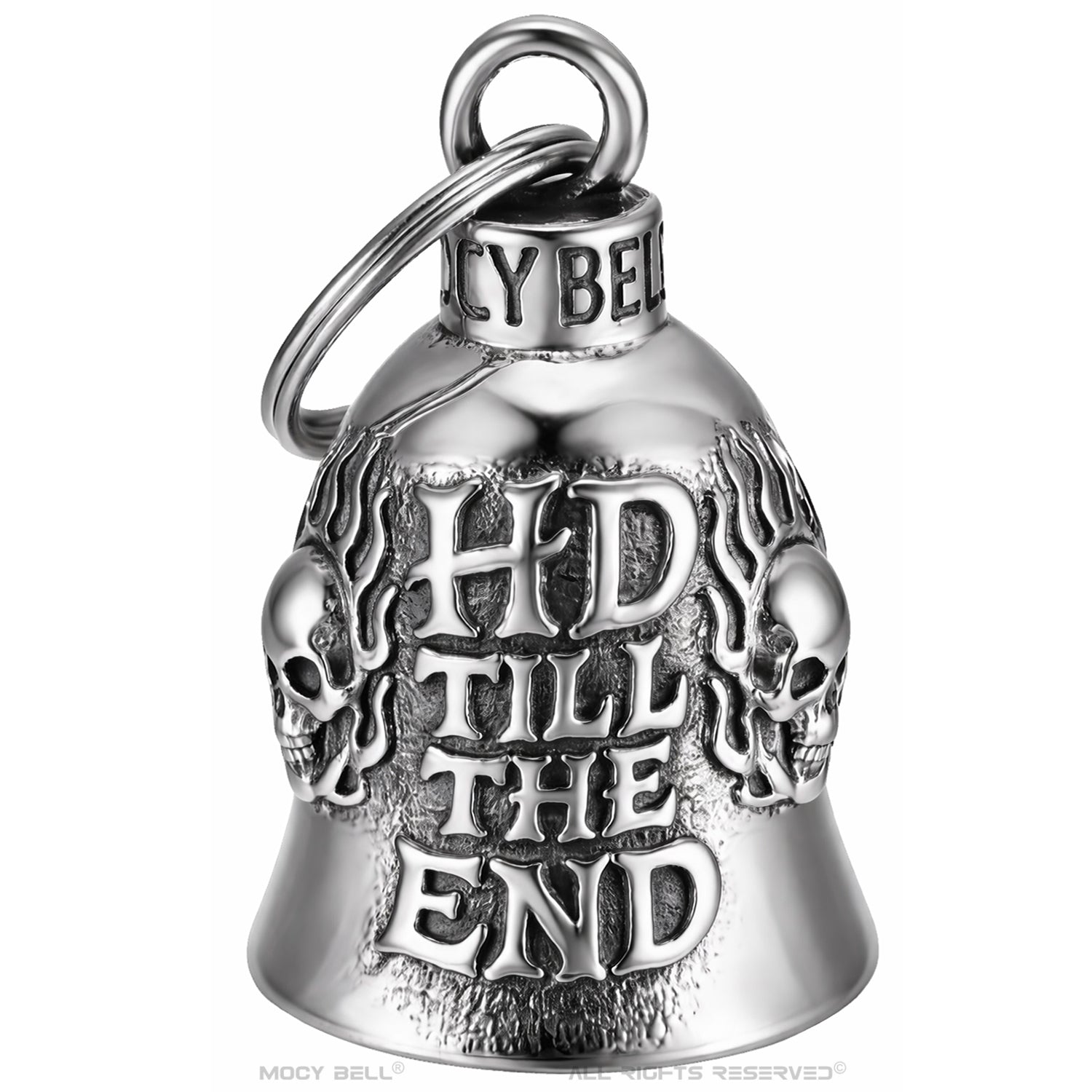 Clochette biker acier gravée HD Till The End avec tête de mort et flammes photographiée de face sur fond blanc
