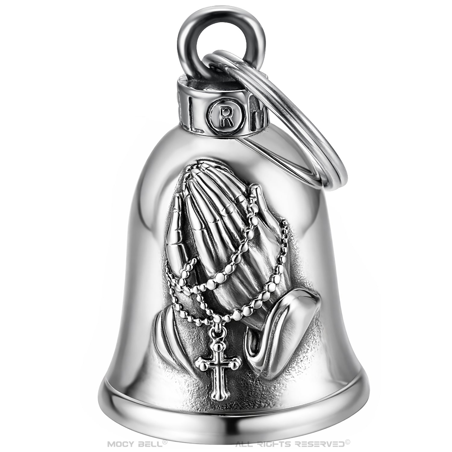 Clochette moto mains en prière en acier avec chapelet et croix vue de face