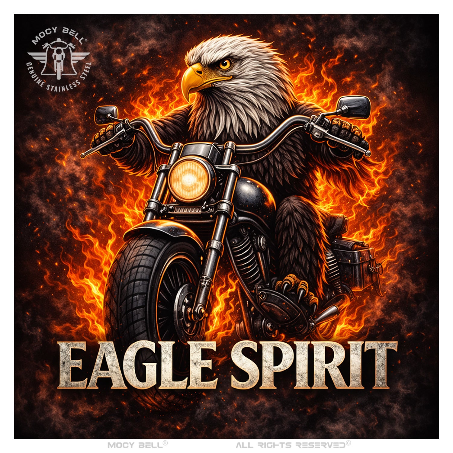 Clochette moto Eagle Spirit dans une ambiance avec aigle symbolique conduisant une moto
