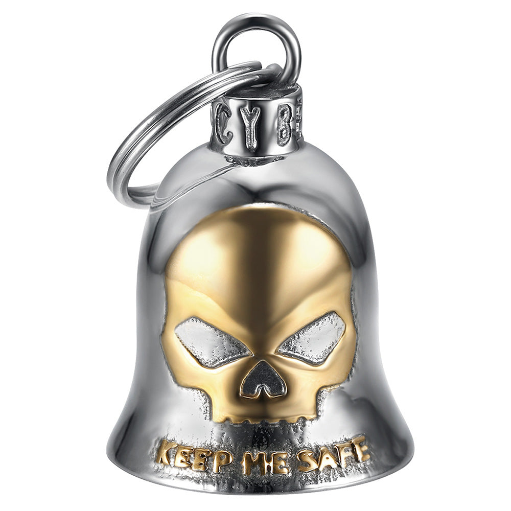 Clochette moto Guardian Bell Skull “Keep Me Safe” en acier inoxydable, porte-bonheur pour motards, protection et sécurité sur la route.