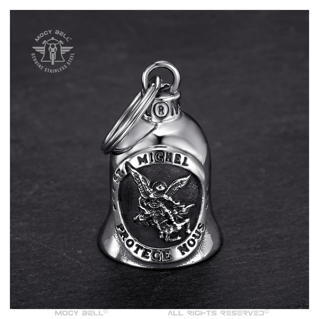 Clochette MocyBell “Saint Michel Protège-Nous”, en acier inoxydable, talisman motard pour éloigner les mauvaises énergies et rouler en sécurité.