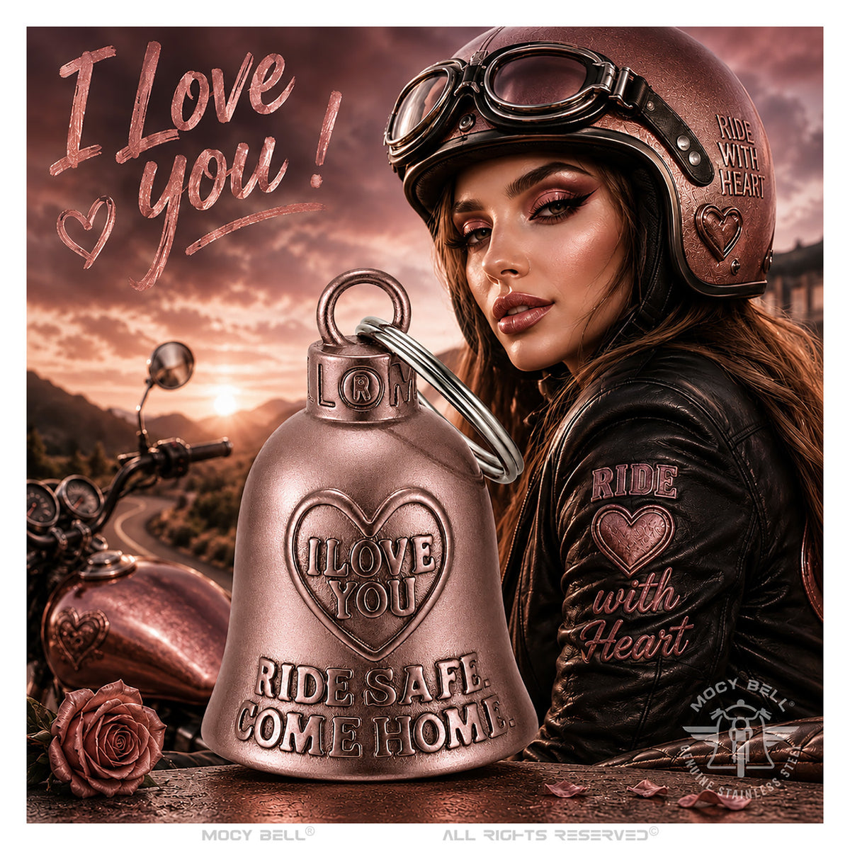 Clochette moto cuivrée I Love You mise en scène avec une motarde en équipement biker et une moto dans un décor chaleureux.
