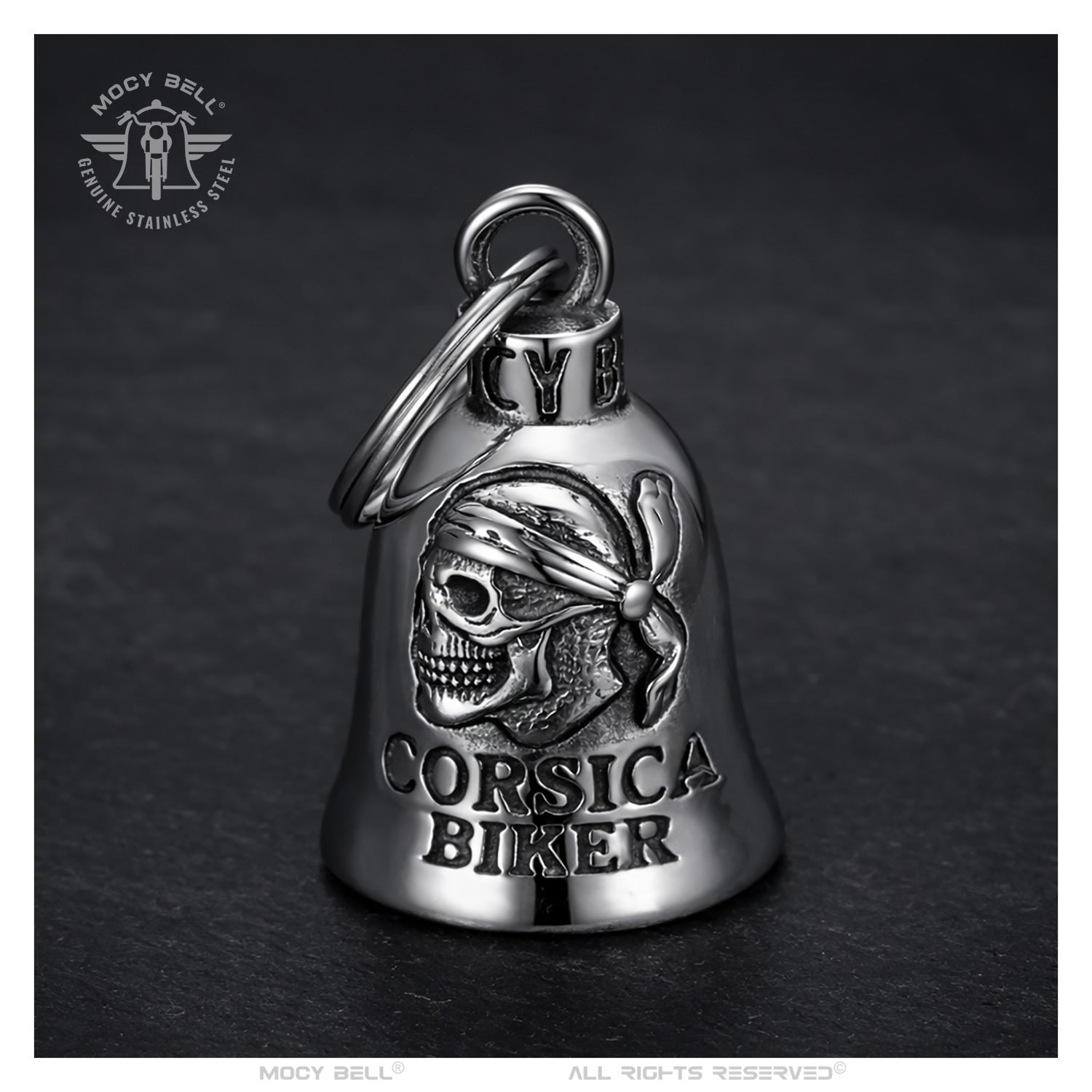Clochette moto Corsica Biker en acier inoxydable sur fond noir style biker