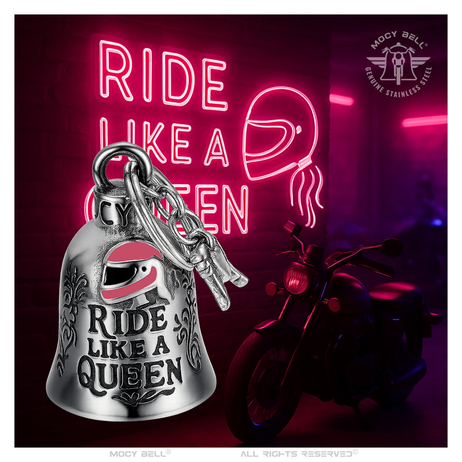 Clochette biker en acier 316L Ride Like a Queen destinée aux motardes en quête de protection sur la route