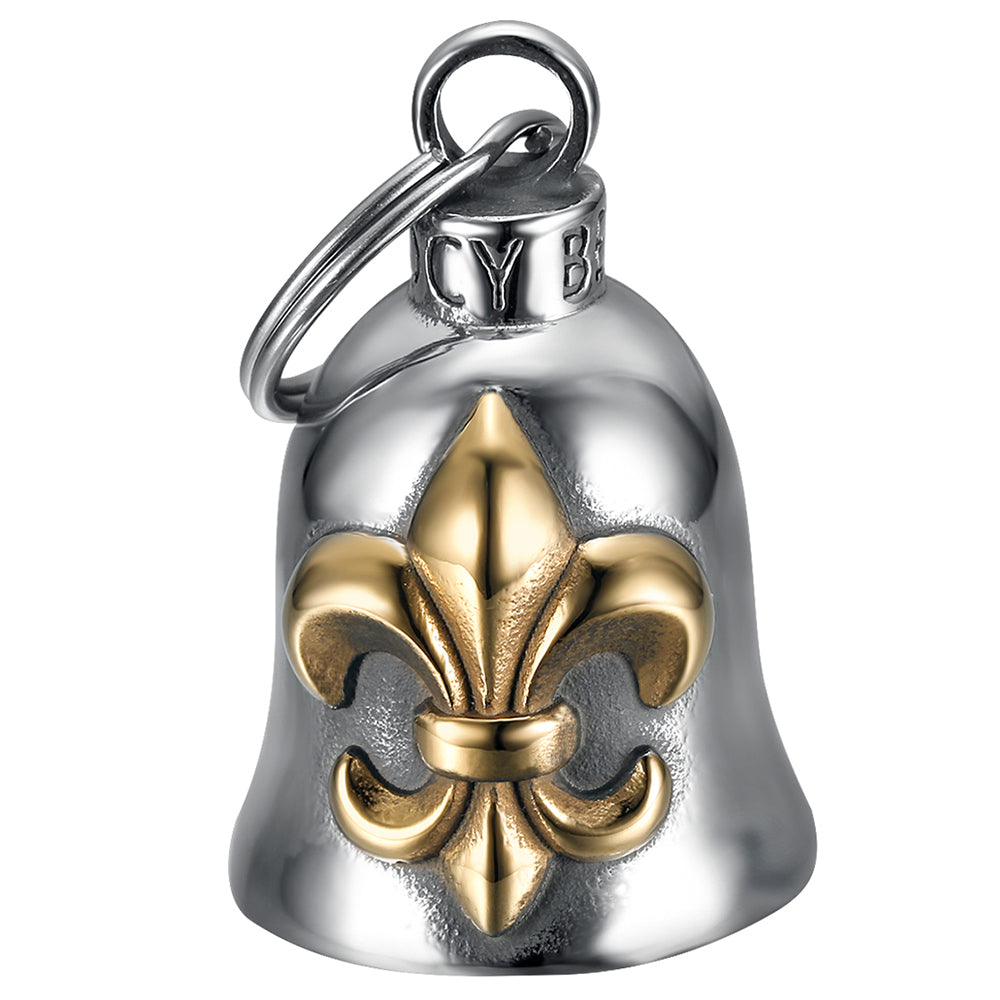 Clochette moto Mocy Bell Fleur de Lys en acier inoxydable doré, porte-bonheur élégant et symbole de protection pour motards