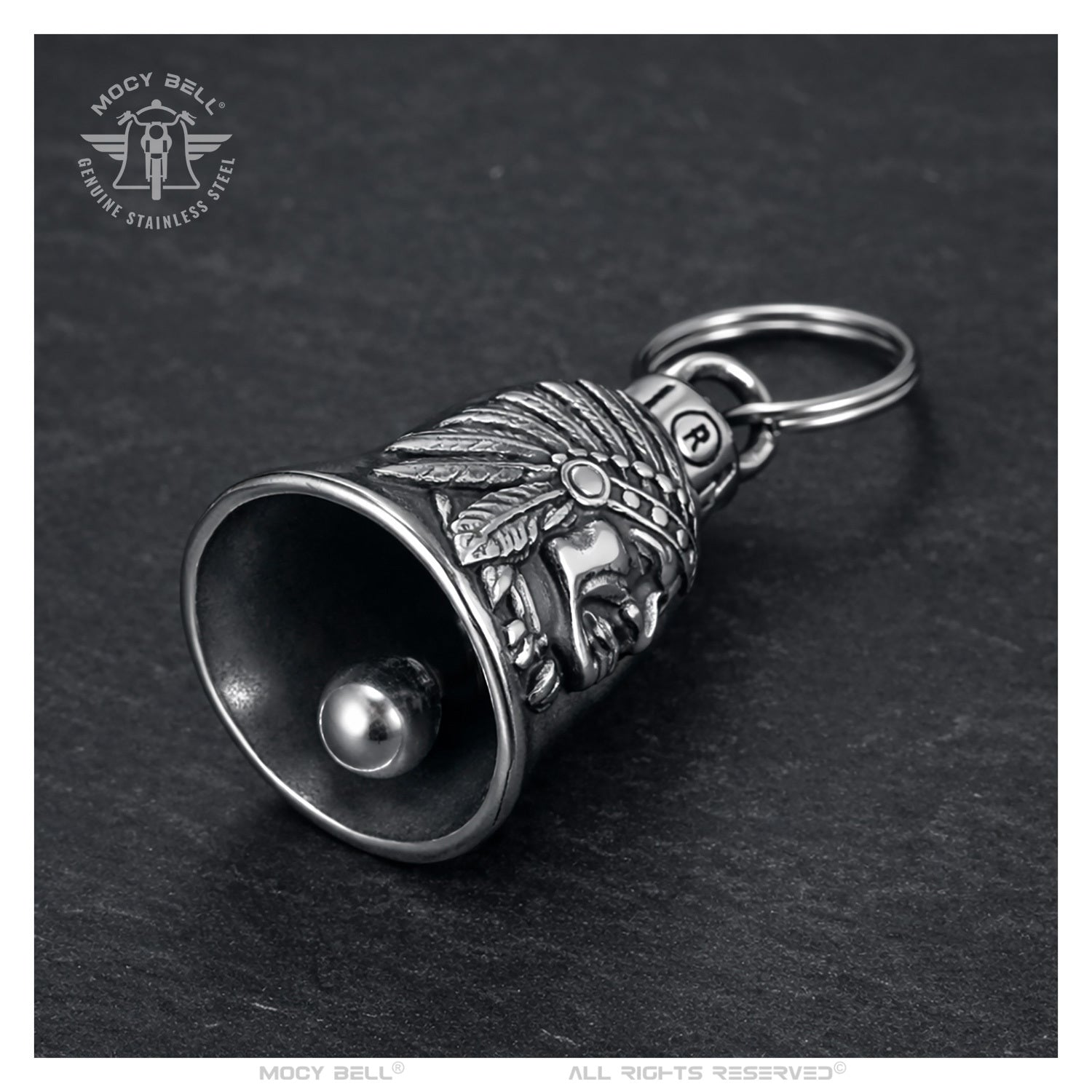 Détail clochette moto Indian Biker en acier inoxydable 316L porte-bonheur biker