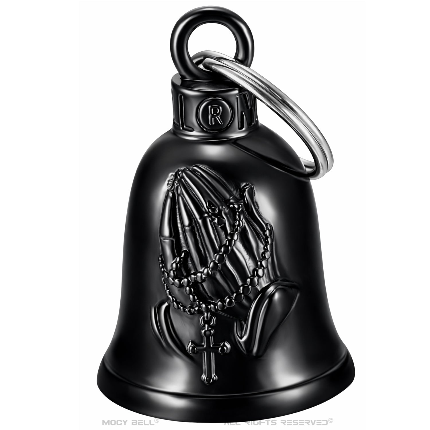Clochette moto mains en prière noir titane avec chapelet et croix vue de face