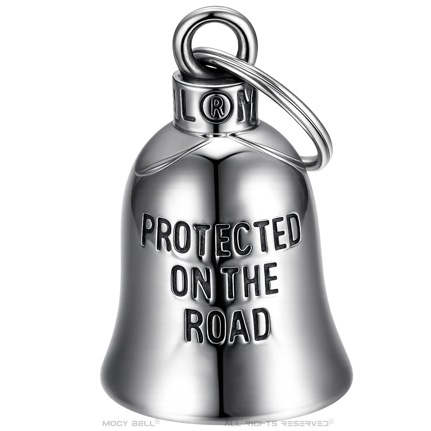 Clochette moto avec inscription Protected on the Road gravée en acier inoxydable porte-bonheur biker