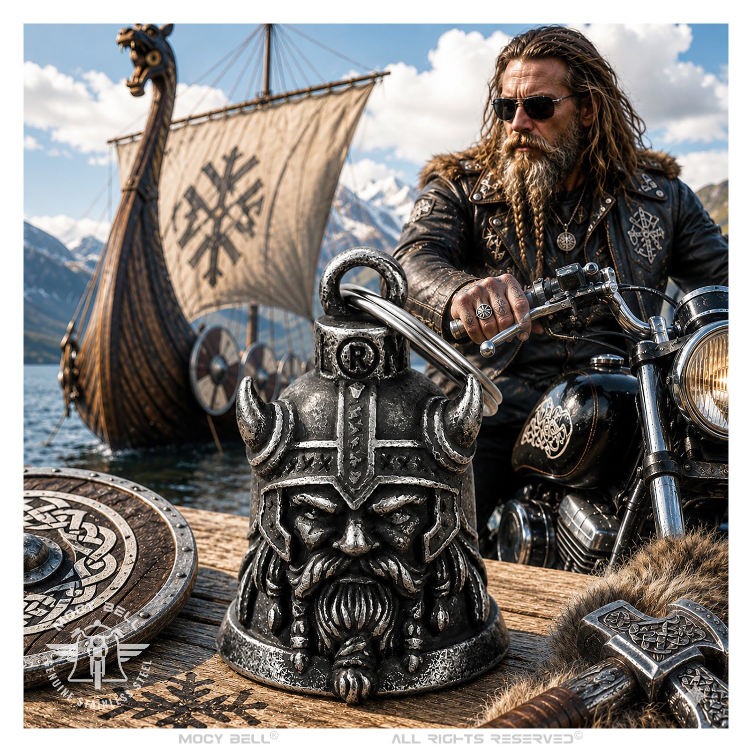 Clochette Moto Viking MocyBell en acier vieilli dans un décor inspiré des guerriers nordiques