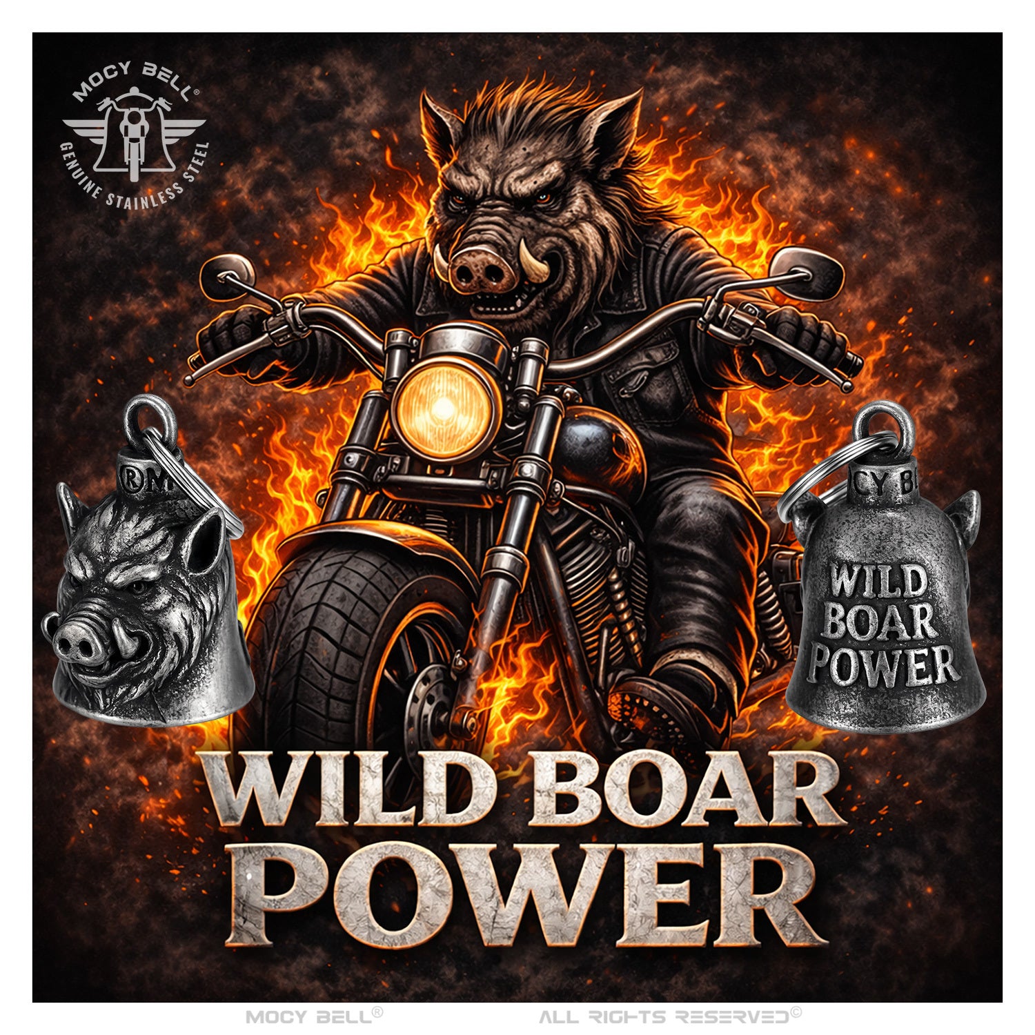 Clochette moto Sanglier Patriote dans une ambiance biker avec sanglier puissant sur une moto